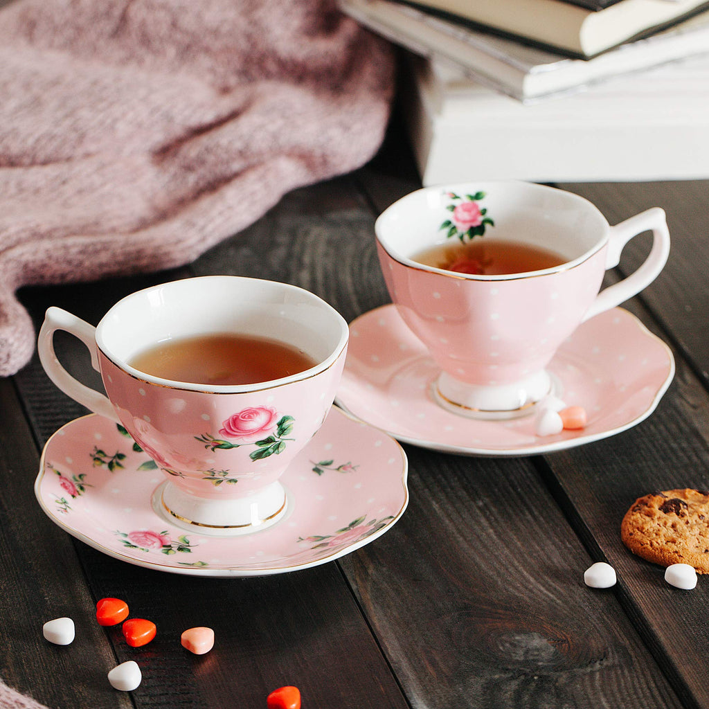 BTaT- Tea Cups and Saucers, Set of 6 with Spoon, 8 oz, Fine Porcelain Teacup Set with Gold Trim for Afternoon Tea, Weddings, Parties & Gifting, Dishwasher Safe, Lightweight, Non-Toxic