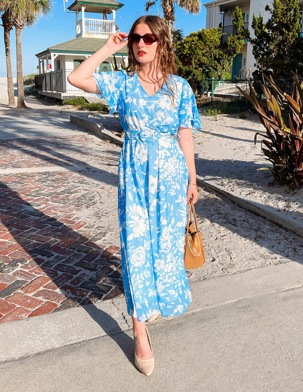 ZESICA Women's 2026 Summer Floral V Neck Midi Dress Boho Short Sleeve High Waist Flowy Beach Vacation Dresses with Belt