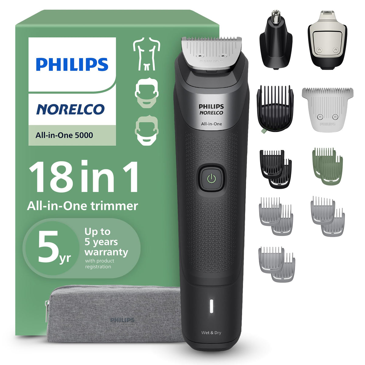 Norelco Philips Multigroom Series 5000 (MG5750/49) 18 Piece, Beard Face, Hair, Body Hair Trimmer for Men - NO Blade Oil