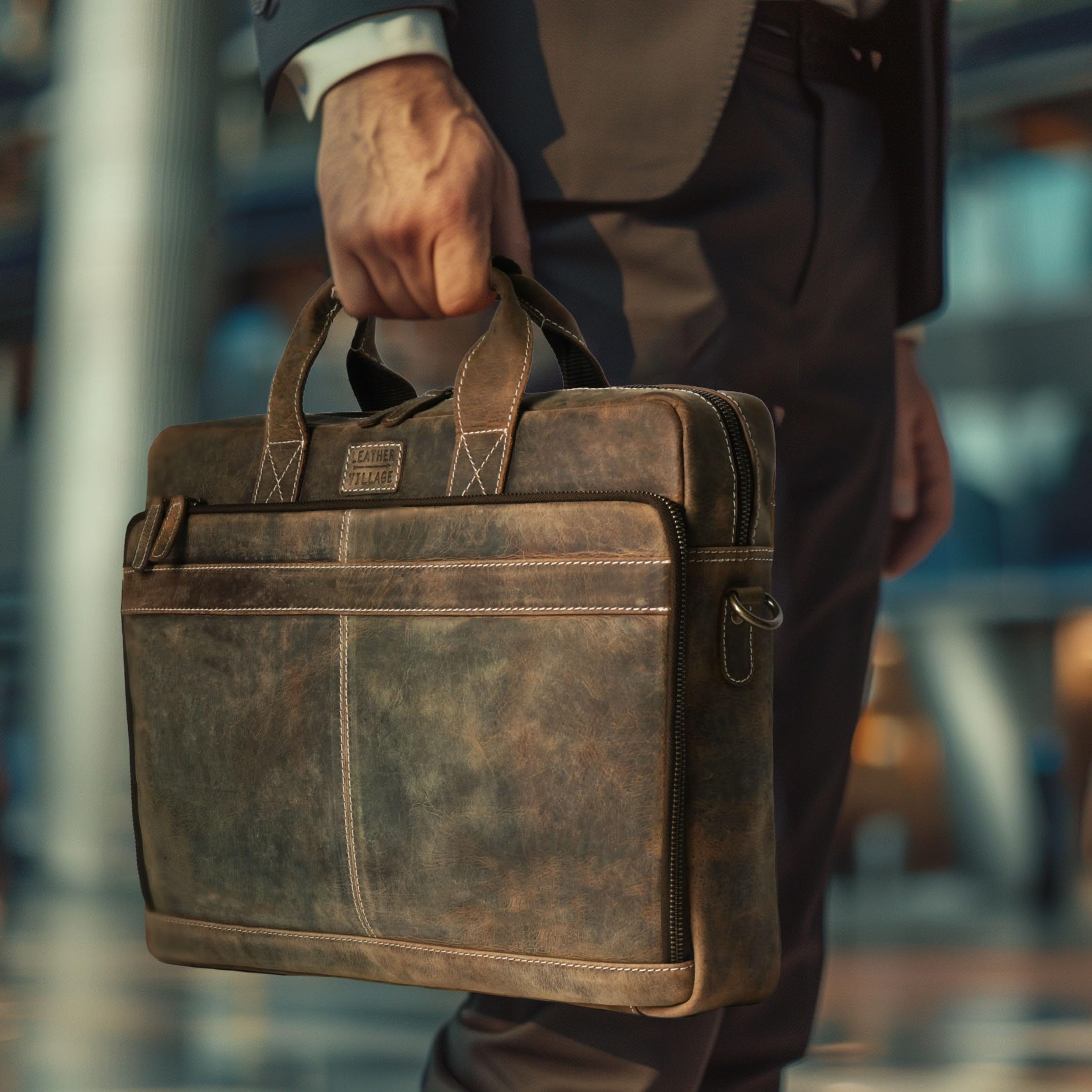 LEATHER VILLAGE 16" Leather Laptop Messenger Briefcase Bag for Men-Leather Satchel for Travel and Office Shoulder Bag-Black