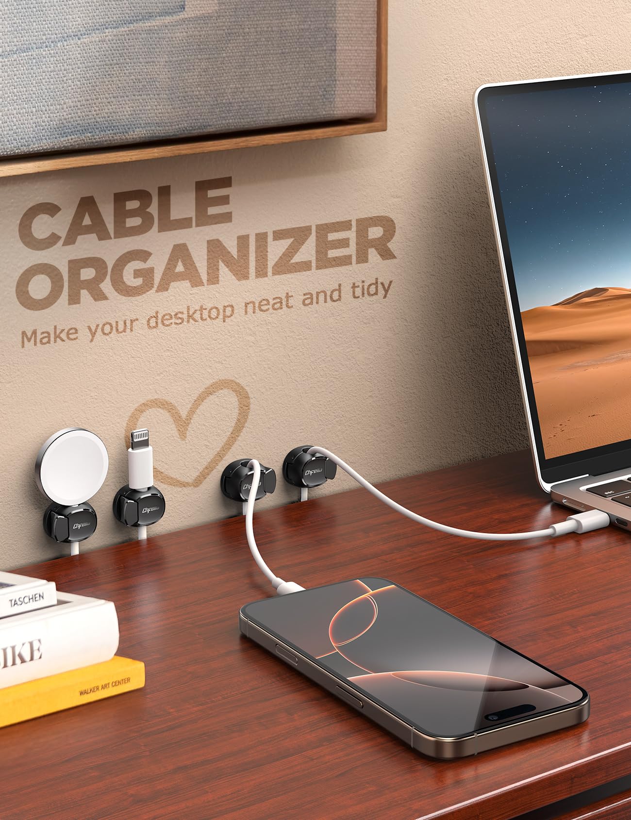 Cable Clips - Chfeila Latest Dual Spring Cord Organizer with Clasp Lock, 6Pack [Max Stability] Desk Cable Management, Adhesive Phone Charging Wire Holder for Nightstand/Car/Wall, Office Accessory