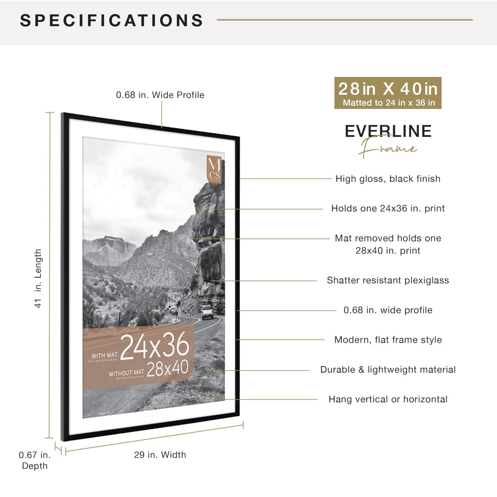 MCS Everline Collection 14x20 Matted Poster Frame with 11x17 Picture Display, Black Vertical & Horizontal Wall Hanging Large Frame for Photos, Posters & Art Prints (1-Pack)