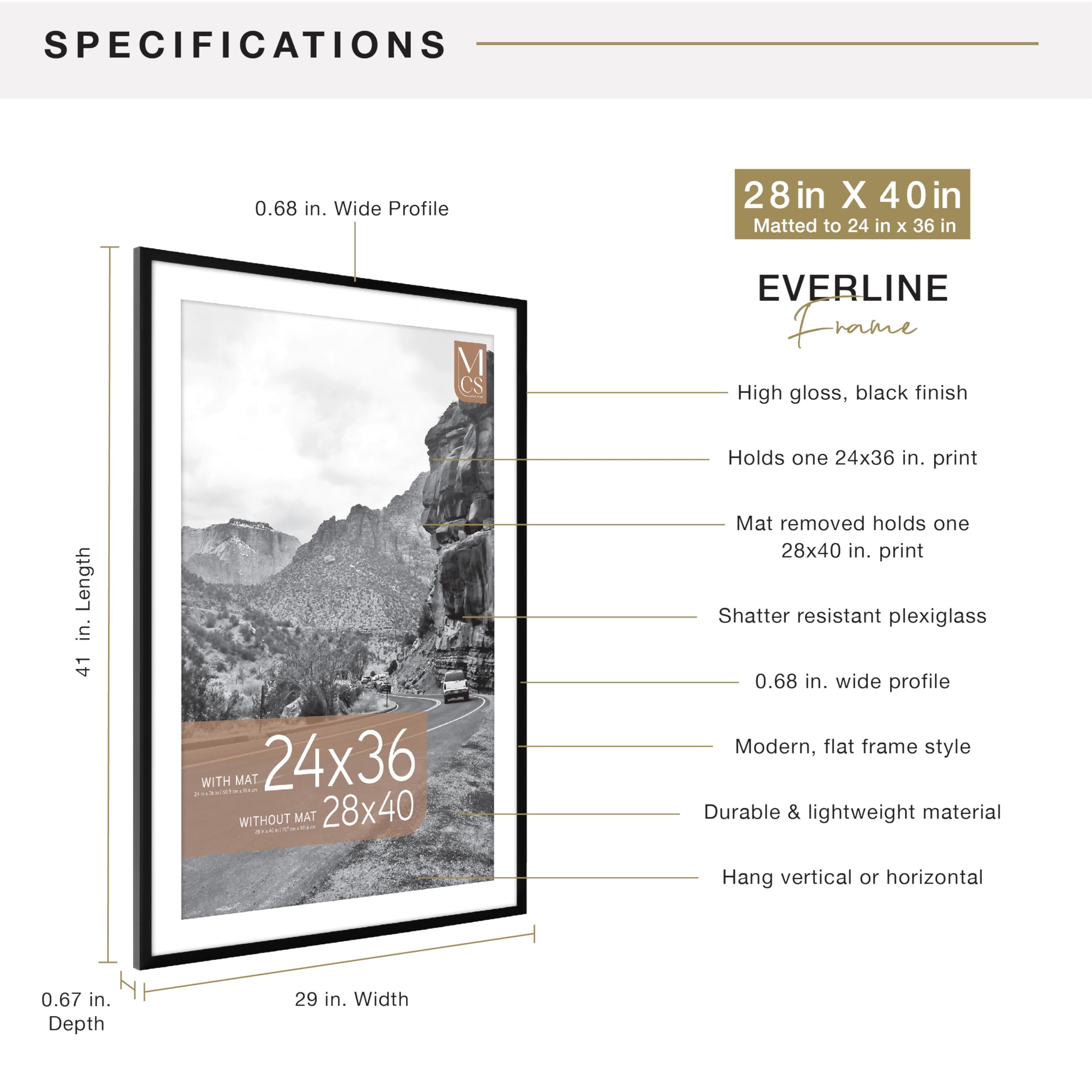 MCS Everline Collection 14x20 Matted Poster Frame with 11x17 Picture Display, Black Vertical & Horizontal Wall Hanging Large Frame for Photos, Posters & Art Prints (1-Pack)
