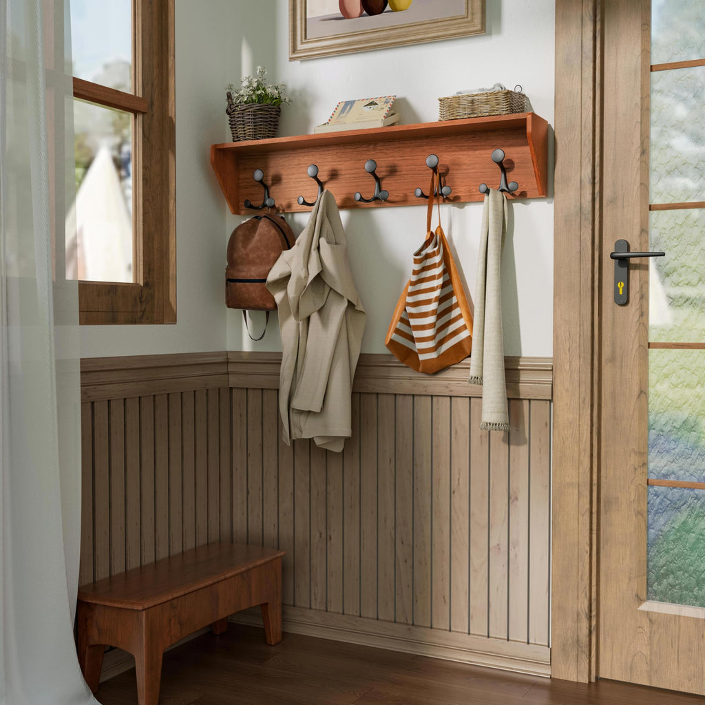 SKOLOO Wall Shelf with Hooks, 24-Inch Cherry Coat Rack Wall Mount with Shelf Organizer - Heavy Duty, 4 Tri Hooks - Perfect for Entryway, Hallway, Living Room, Bedroom, Mudroom