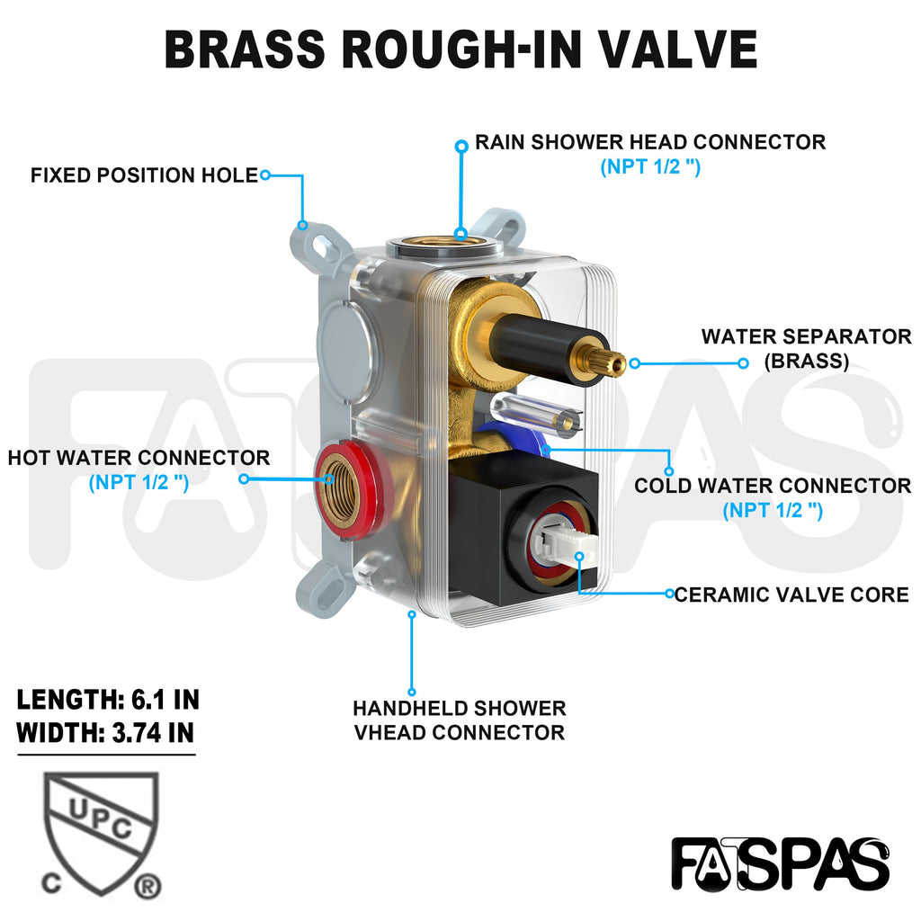 Brushed Gold Shower System with 10-Inch Rain Showerhead and Tub Spout | cUPC-certified pressure balance brass valve to prevent scalding, CEC-certified air injection technology for low pressure