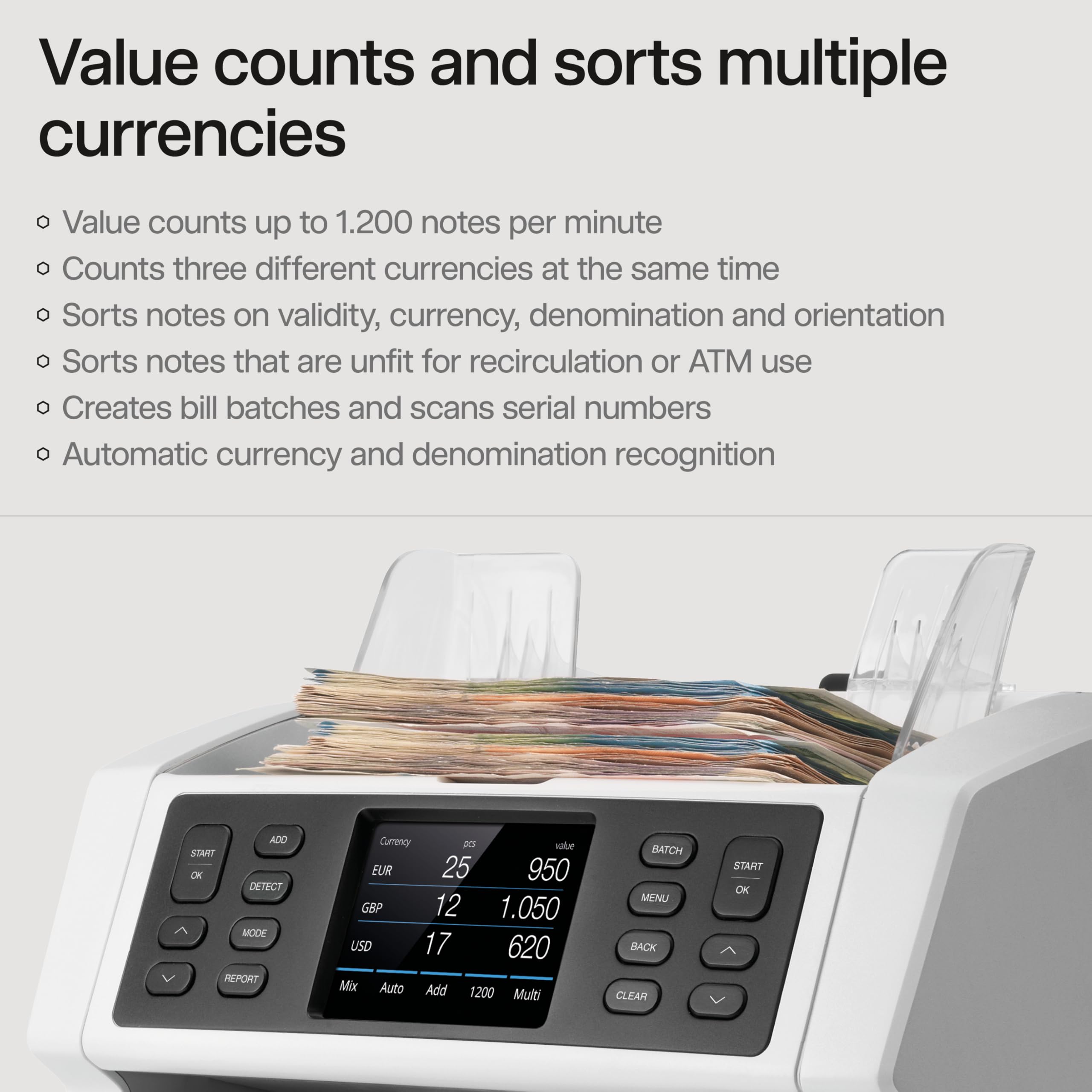 Safescan 2210 Money Counter Machine with Counterfeit Detection, Add/Batch Modes, LCD-Display, High-Speed Counts 1,000 bills per minute, 2 Point Counterfeit Check - Sorted Counter for All Currencies