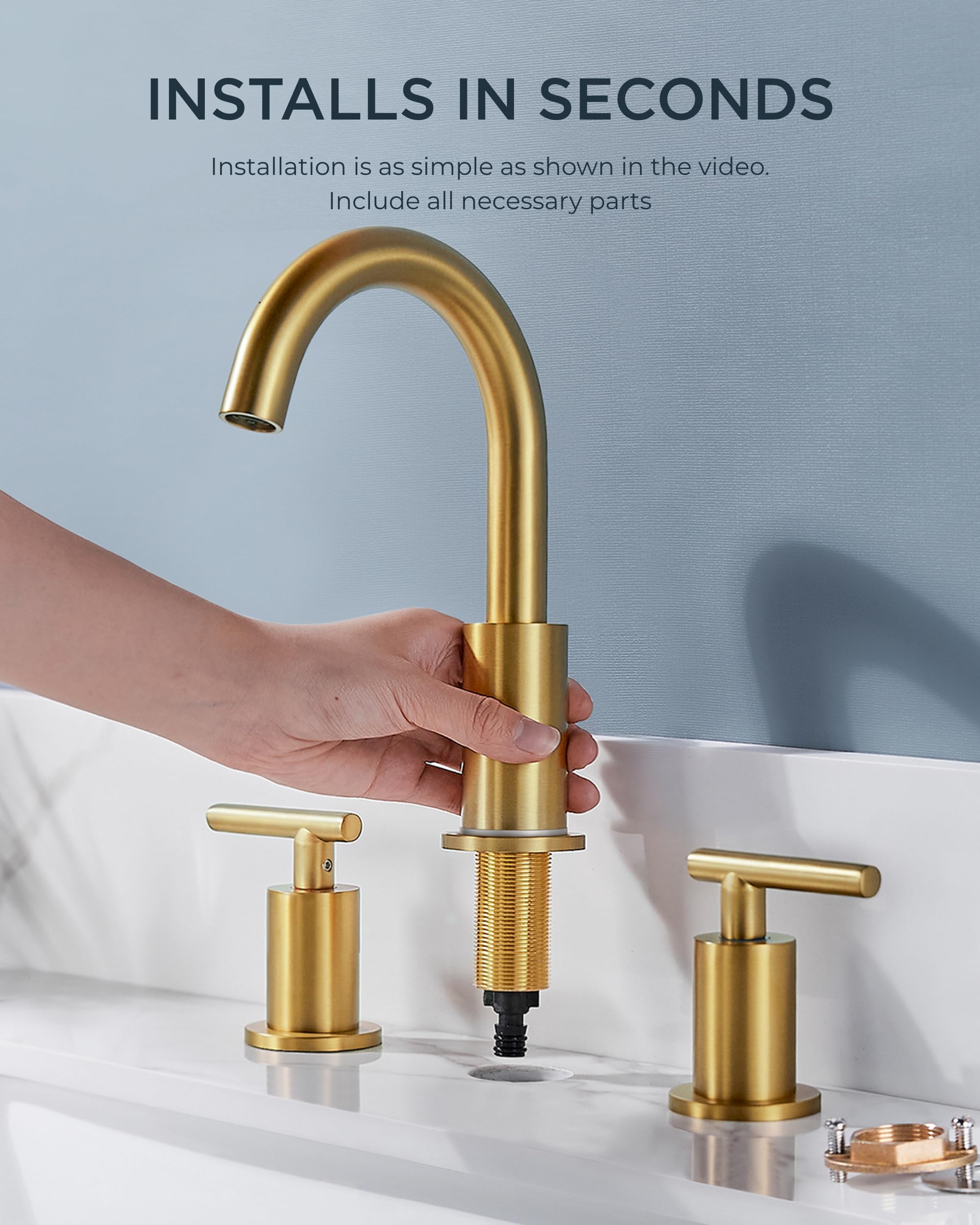 FORIOUS 4" Brushed Gold Bathroom Faucet Centerset 4 Inch, 2 Handle 2 Hole Gold Faucets for Bathroom Vanity wtih Metal Pop Up Dain, CUPC Supply Hose, High Arc Swivel Spout