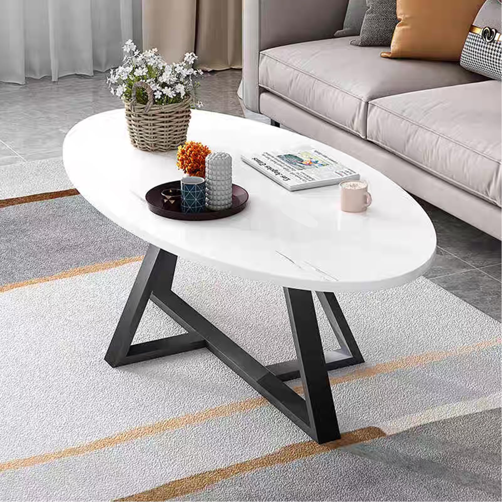 Wolawu Coffee Table Gold Oval Glass Coffee Tables for Living Room,Modern Gold Metal Frame Tea Tables for Small Space, Tempered Glass Top Center Table with Stable Cross Base for Bedroom, Office,Balcony