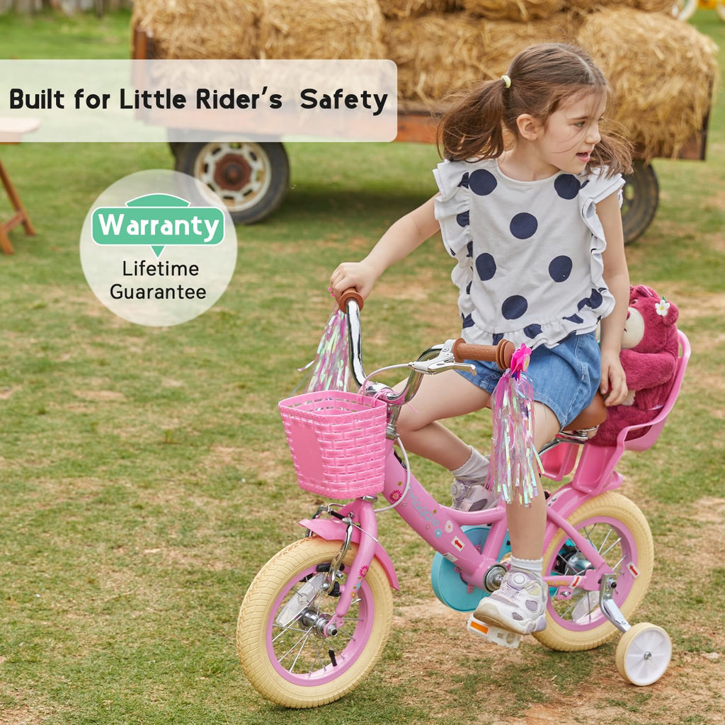Glerc Maggie Girls Bike, 12-20 Inch Kids Bike for 2-13 Years Old Children, Princess Style Kids Bicycle with Doll-Seat & Basket & Training Wheels, Multiple Colors