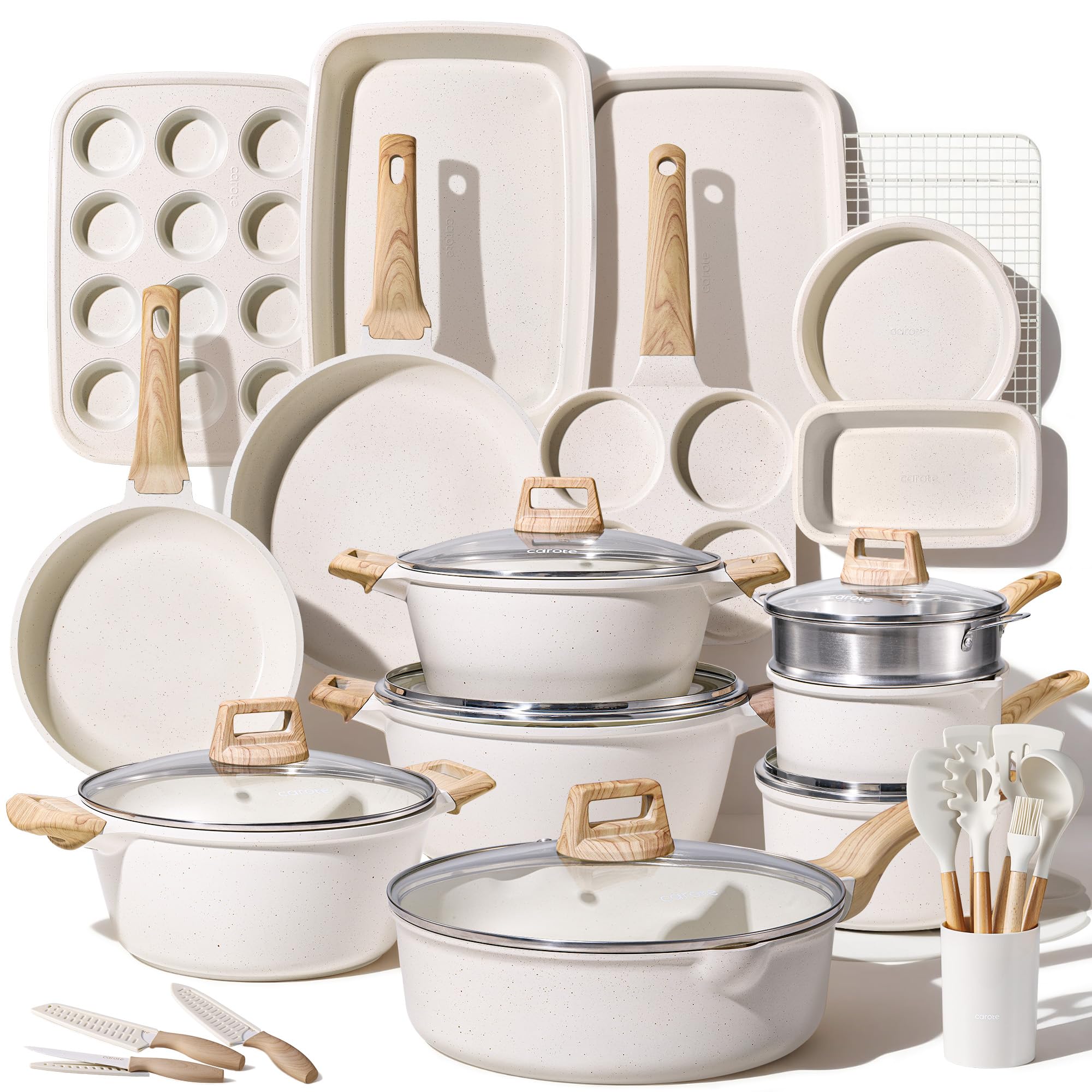 CAROTE 21pcs Pots and Pans Set Nonstick, Cookware Set Black Induction Kitchen Cooking Set w/Frying Pans & Saucepans(PFOS, PFOA Free)