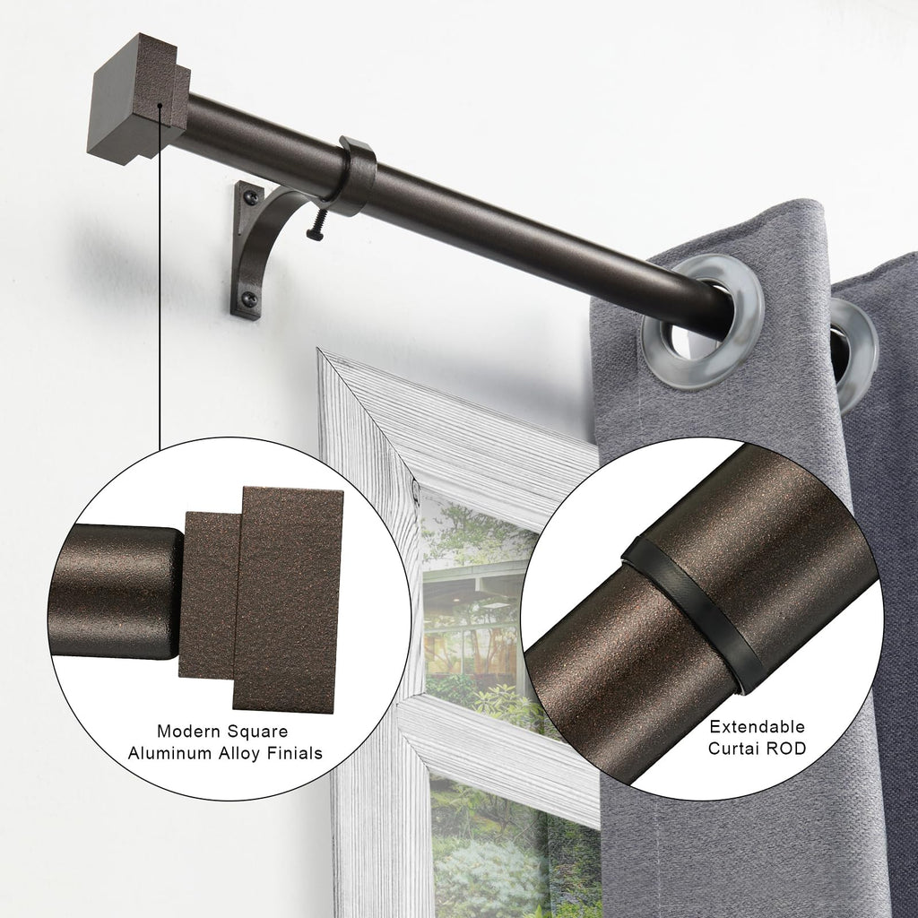 Single Curtain Rods for Windows 28 to 48 Inch(2.3-4ft),1 Inch Diameter Adjustable Heavy Duty Drapery Rods,with Modern Square Aluminum Alloy Finials,Antique Bronze