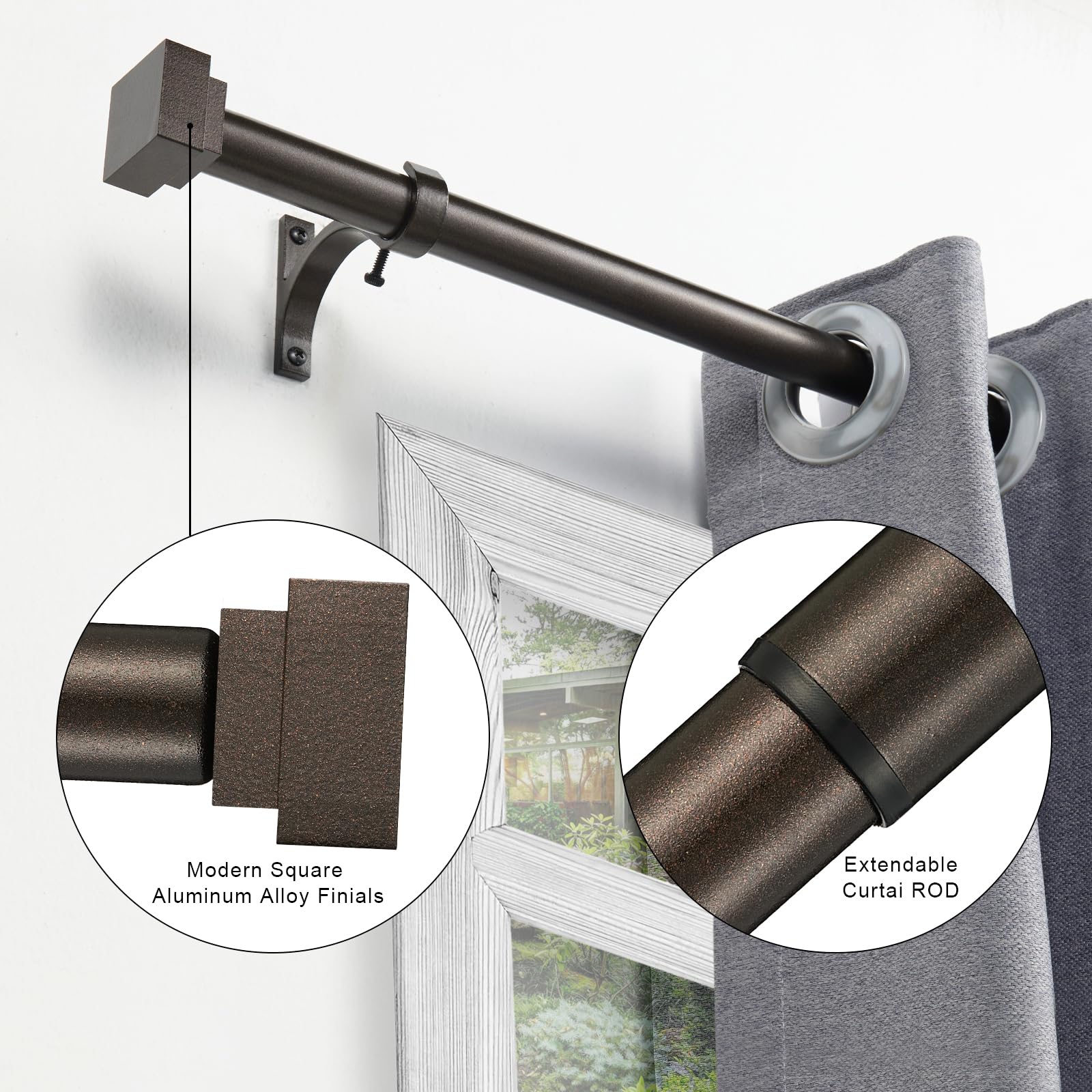 Single Curtain Rods for Windows 28 to 48 Inch(2.3-4ft),1 Inch Diameter Adjustable Heavy Duty Drapery Rods,with Modern Square Aluminum Alloy Finials,Antique Bronze