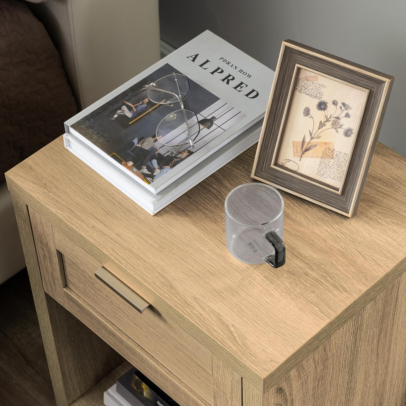 OAKHAM HOME Nightstand Set of 2 Farmhouse Bedside Tables with Drawer and Storage Shelf Modern Boho End Side Tables for Bedroom Sofa, Light Oak