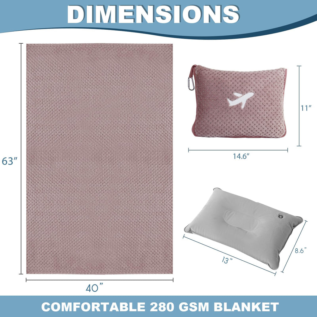 Travel Blanket Airplane Compact with Bag, Travel Essentials 3 in 1 Packable Airplane Blanket, Travel Pillow and Blanket Set, Inflatable Pillow, Luggage Sleeve & Backpack Clip (Camel)