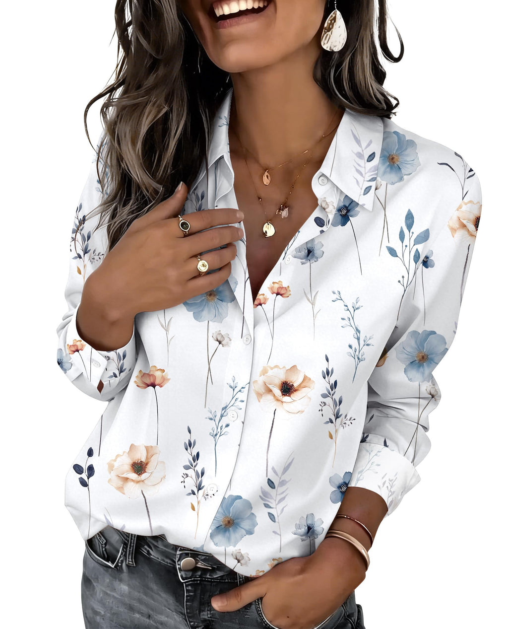 Zeagoo Button Down Shirts for Women Dressy Floral Printed Long Sleeve Blouse Business Casual Work Tops