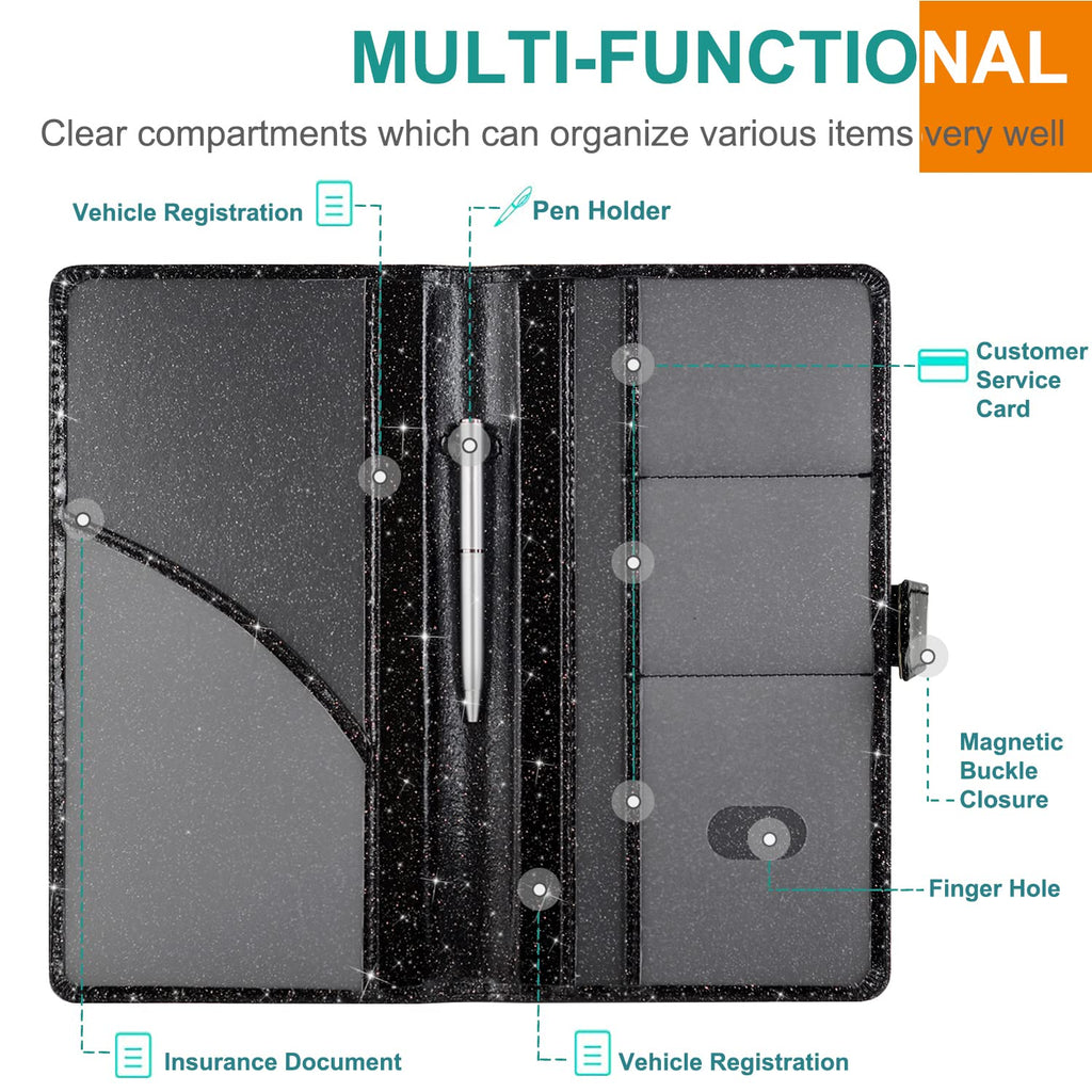 RSAquar Car Registration and Insurance Holder, Vehicle Glove Box Organizer Cool Car Accessories, Auto Truck Document Holder for Cards, Driver License, Black Glitter