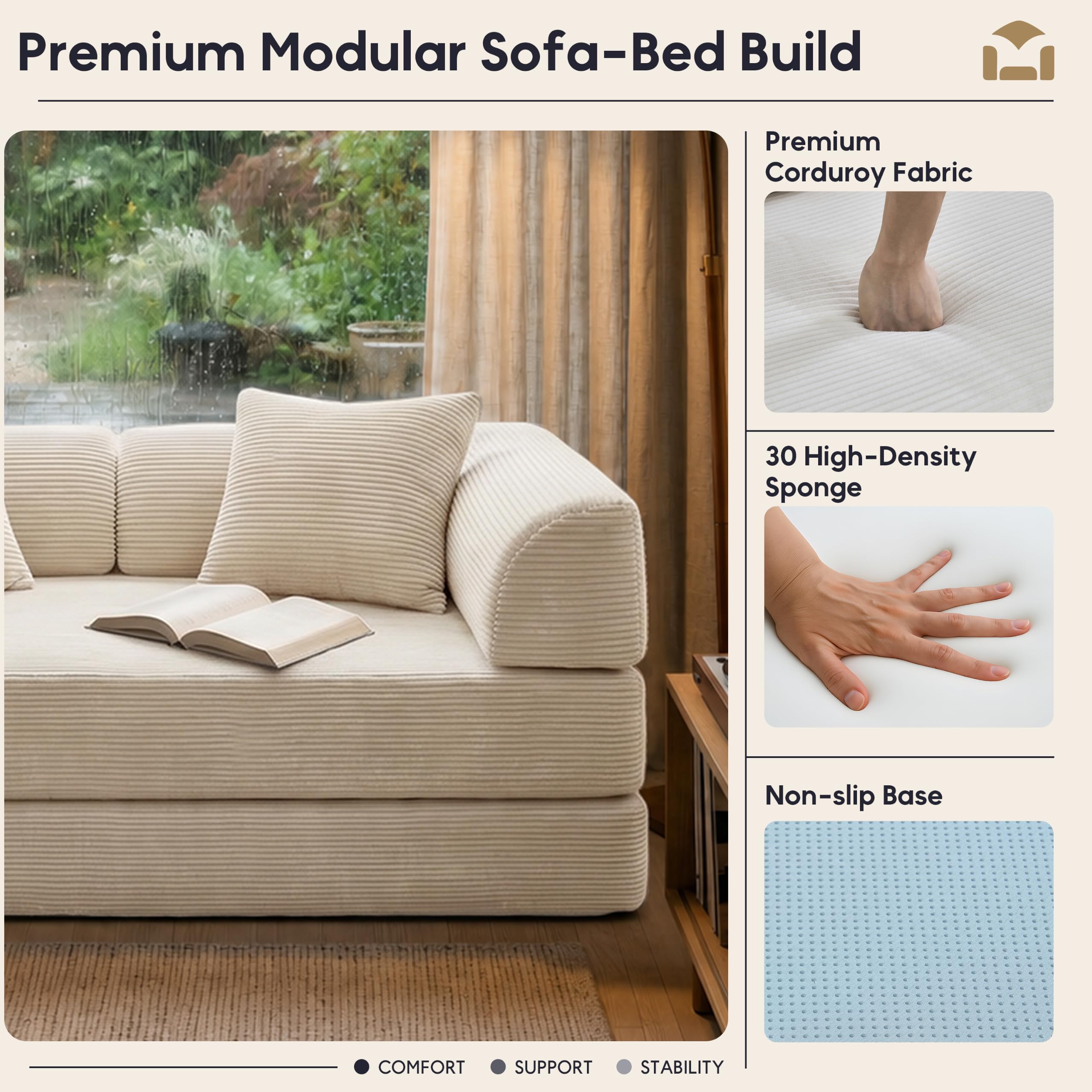 ZEIINPA 59“ Convertible Floor Sofa Bed, 5-in-1 Futon Sofa Bed Pull Out Sleeper Couch, Modern Corduroy Compressed Loveseat, Modular Boneless Couches for Living Room, No Assembly Required, Beige