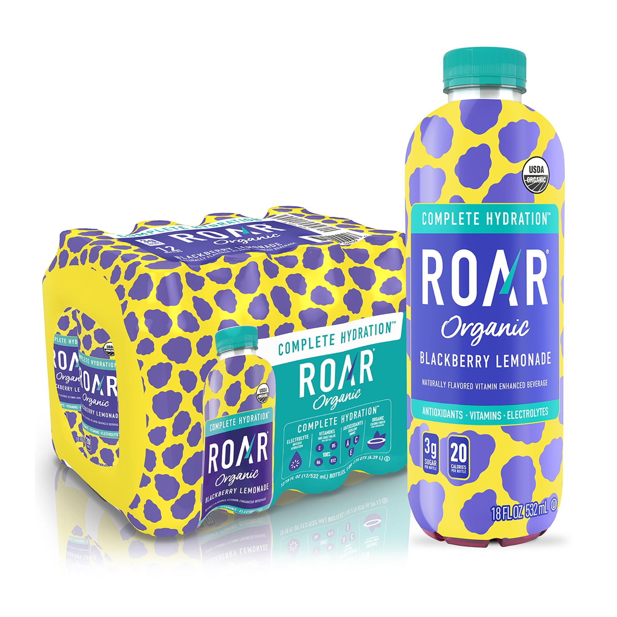 ROAR Complete Hydration Organic - Electrolyte Drinks Loaded with Vitamins C, B5, B12 - Non-GMO, Gluten-Free - Strawberry Lemonade - 12 pc