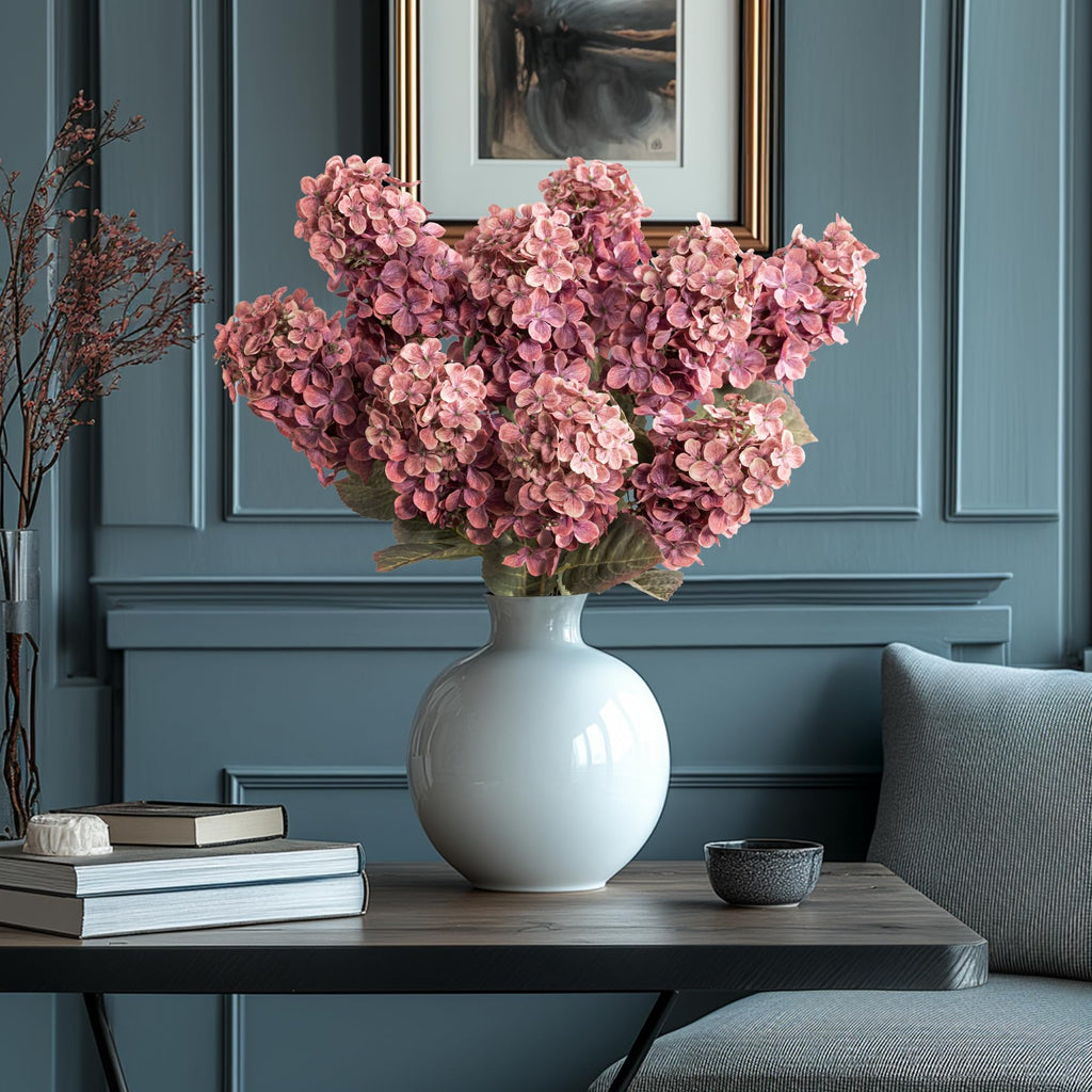 Ttranewsoo Hydrangea Artificial Flowers,Fall Hydrangeas Artificial Flowers,Blue Fake Fall Dried Hydrangea Flowers Decoration,Faux Silk Flower with Stems Winter Decor(Blue 24" 8pcs) Without Vase