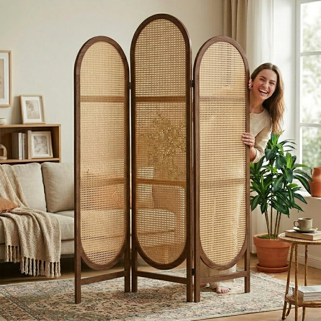 Hand-Woven Rattan Room Divider 3 Panels, 5.9 Ft Tall Wood Room Divider Panel, Partition Screen Divider Wall, Folding Privacy Screen, Wall Divider for Room Separation Home Office - Black