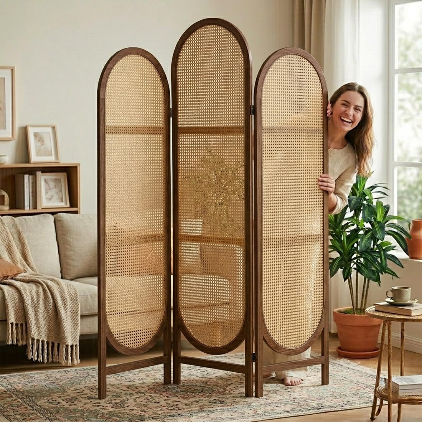 Hand-Woven Rattan Room Divider 3 Panels, 5.9 Ft Tall Wood Room Divider Panel, Partition Screen Divider Wall, Folding Privacy Screen, Wall Divider for Room Separation Home Office - Black