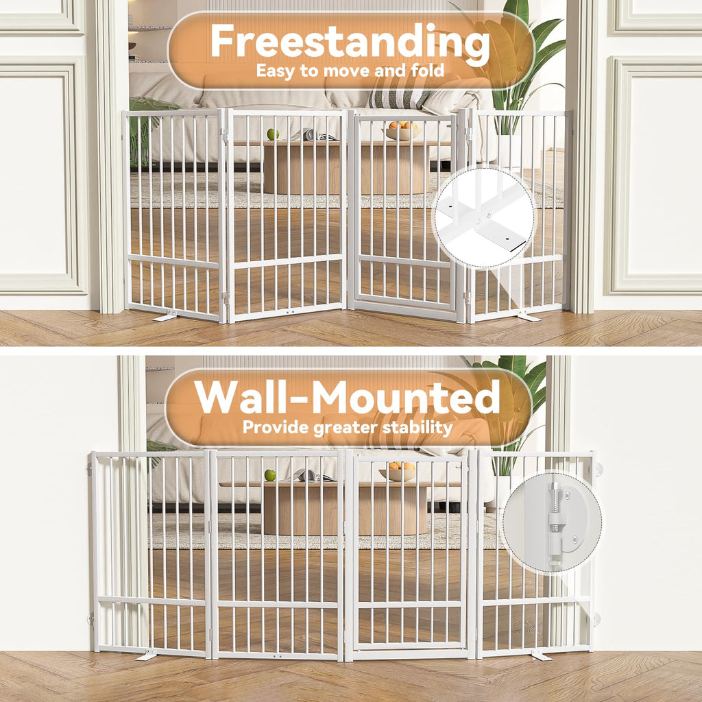SNUOWU Full Metal Freestanding Dog Gate with Door, 24'' Height Foldable Pet Dog Fence for Indoor & Outdoor, 2 Panels Extra Wide Free Standing SmallDog Gates for Doorways,House,Stairs,Porch,Deck,Yard