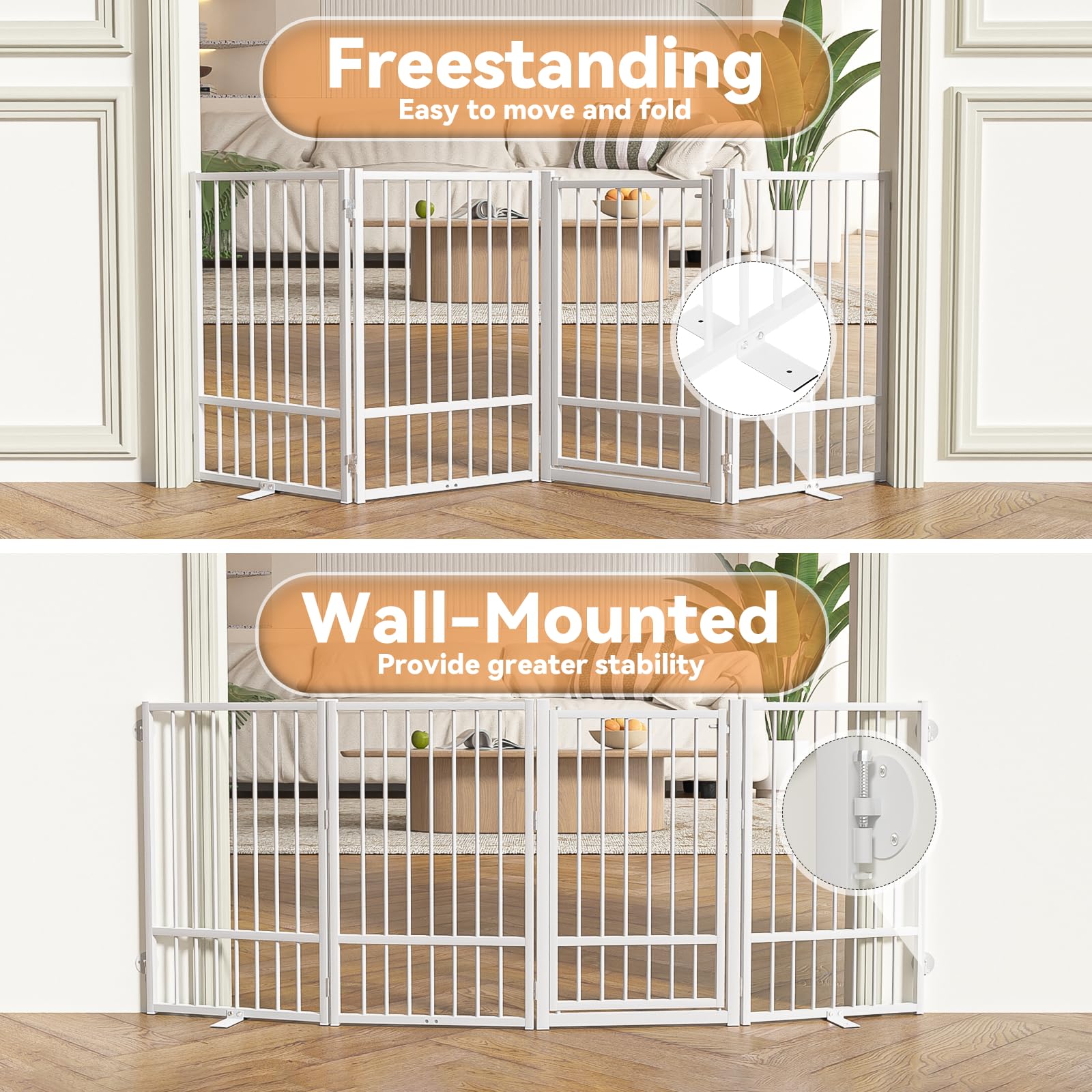 SNUOWU Full Metal Freestanding Dog Gate with Door, 24'' Height Foldable Pet Dog Fence for Indoor & Outdoor, 2 Panels Extra Wide Free Standing SmallDog Gates for Doorways,House,Stairs,Porch,Deck,Yard
