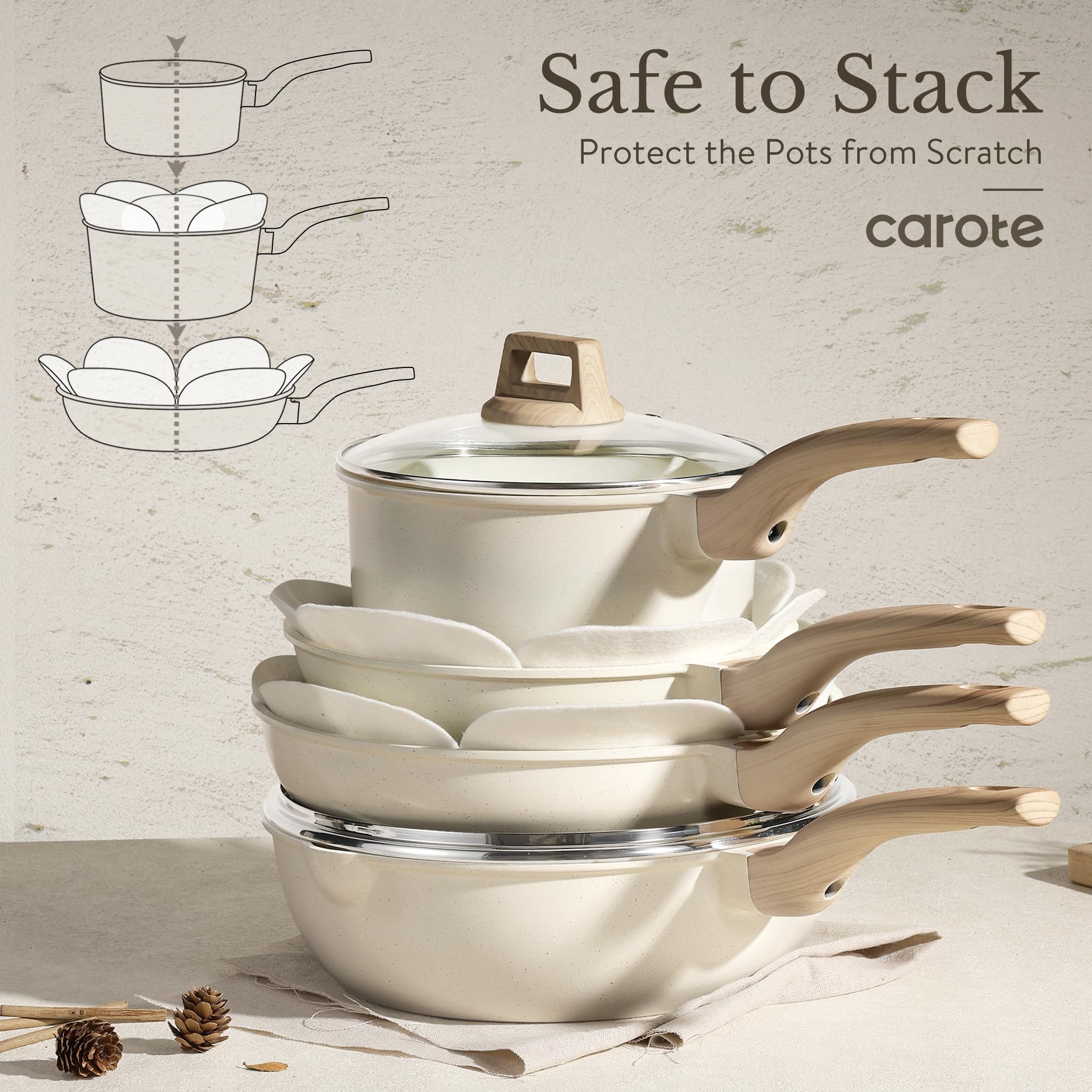 CAROTE 21pcs Pots and Pans Set Nonstick, Cookware Set Black Induction Kitchen Cooking Set w/Frying Pans & Saucepans(PFOS, PFOA Free)