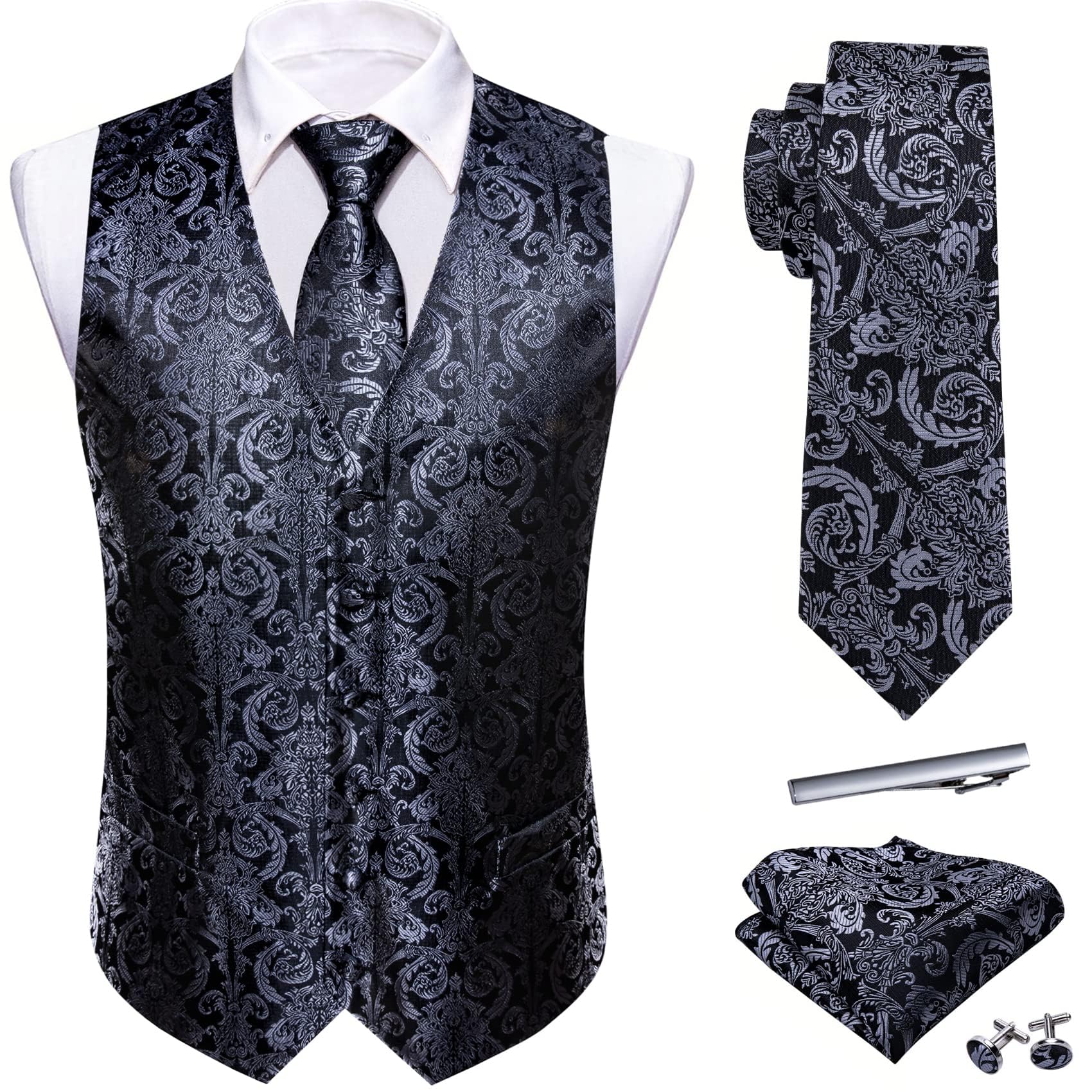 Barry.Wang Men's Suit Vest Formal/Leisure Paisley Jacquard Silk Tie Pocket Square Waistcoat Set Wedding 5PCS