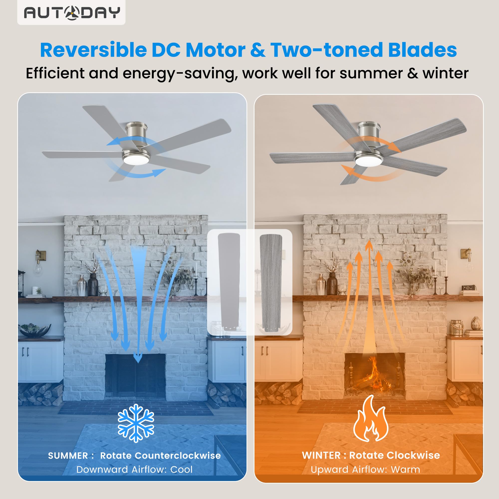 42 Inch Low Profile Ceiling Fan with Light, White Ceiling Fans with Lights and Remote, Flush Mount, 6 Speeds Reversible Quiet DC, 3CCT Dimmable, Indoor Outdoor Ceiling Fans for Patios Bedroom