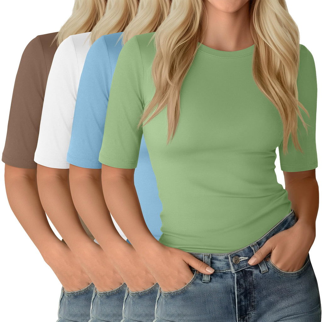 Neer 4 Pack Women's Half Sleeve Tops Elbow Length Slim Fit Crewneck T-Shirts 1/2 Sleeve Casual Summer Basic Tees