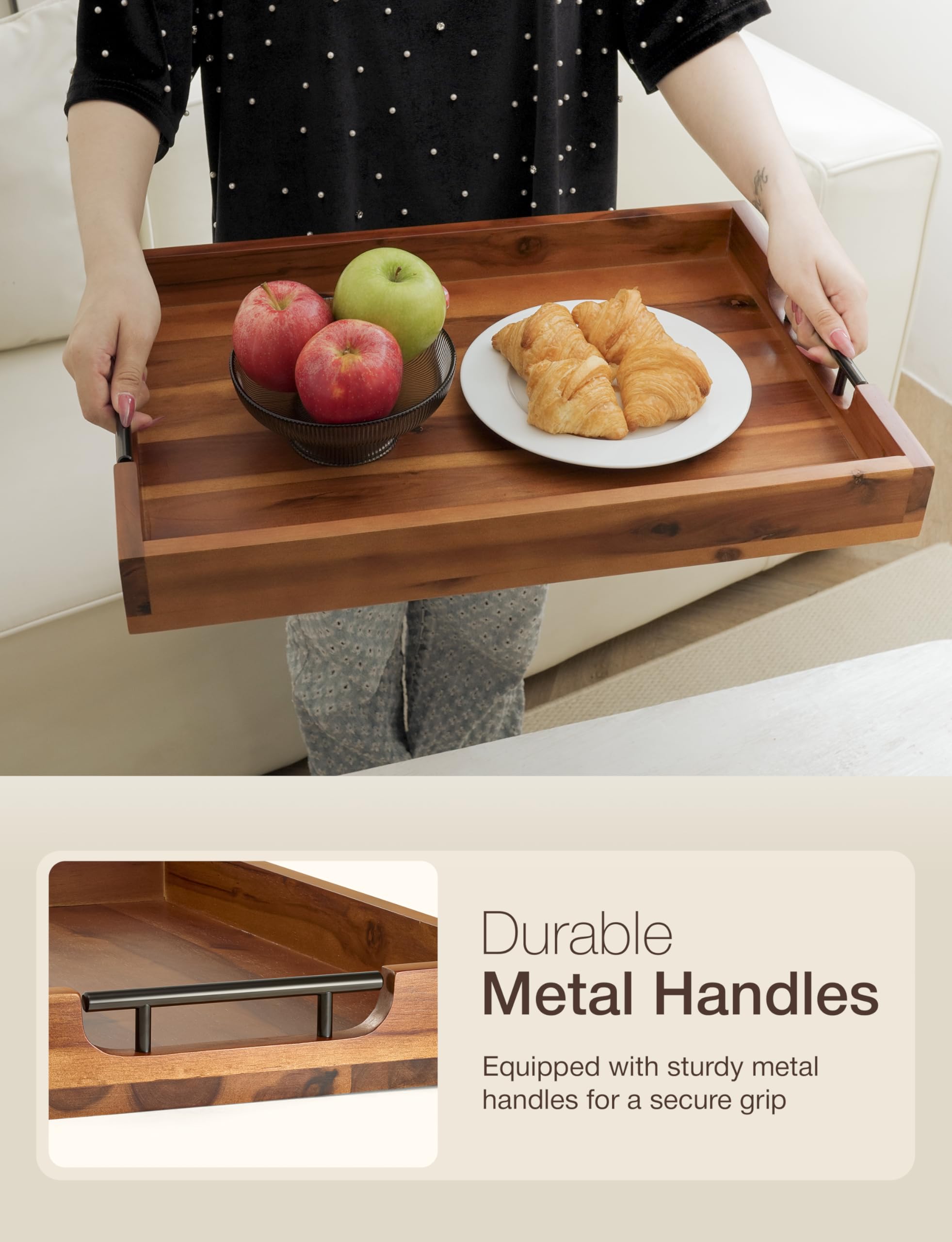 TIDITA 20 x 14 Inch Large Ottoman Tray for Living Room – Large Wooden Tray for Ottoman , Decorative Serving Tray with Handles, for Coffee Table, Kitchen Counter & Home Decor