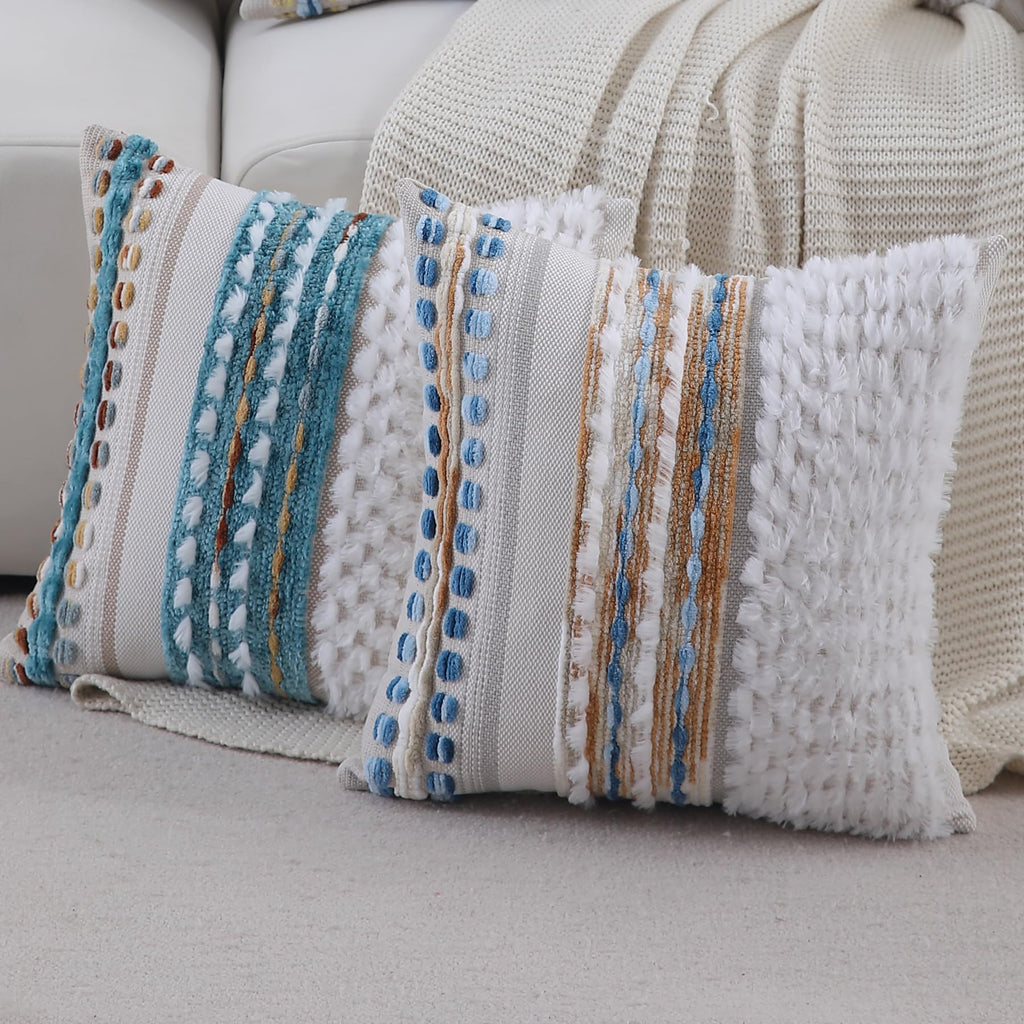 Boho Pillow Covers 18x18 Set of 2 for Couch-Modern Farmhouse Sofa Decorative Throw Pillow Covers Textured Chenille Cushion Covers Outdoor Netural Bohemian Pillow Cases Square