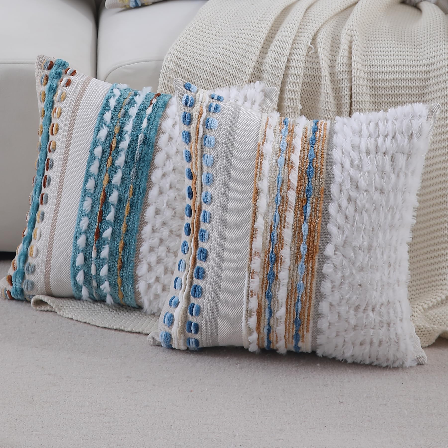 Boho Pillow Covers 18x18 Set of 2 for Couch-Modern Farmhouse Sofa Decorative Throw Pillow Covers Textured Chenille Cushion Covers Outdoor Netural Bohemian Pillow Cases Square