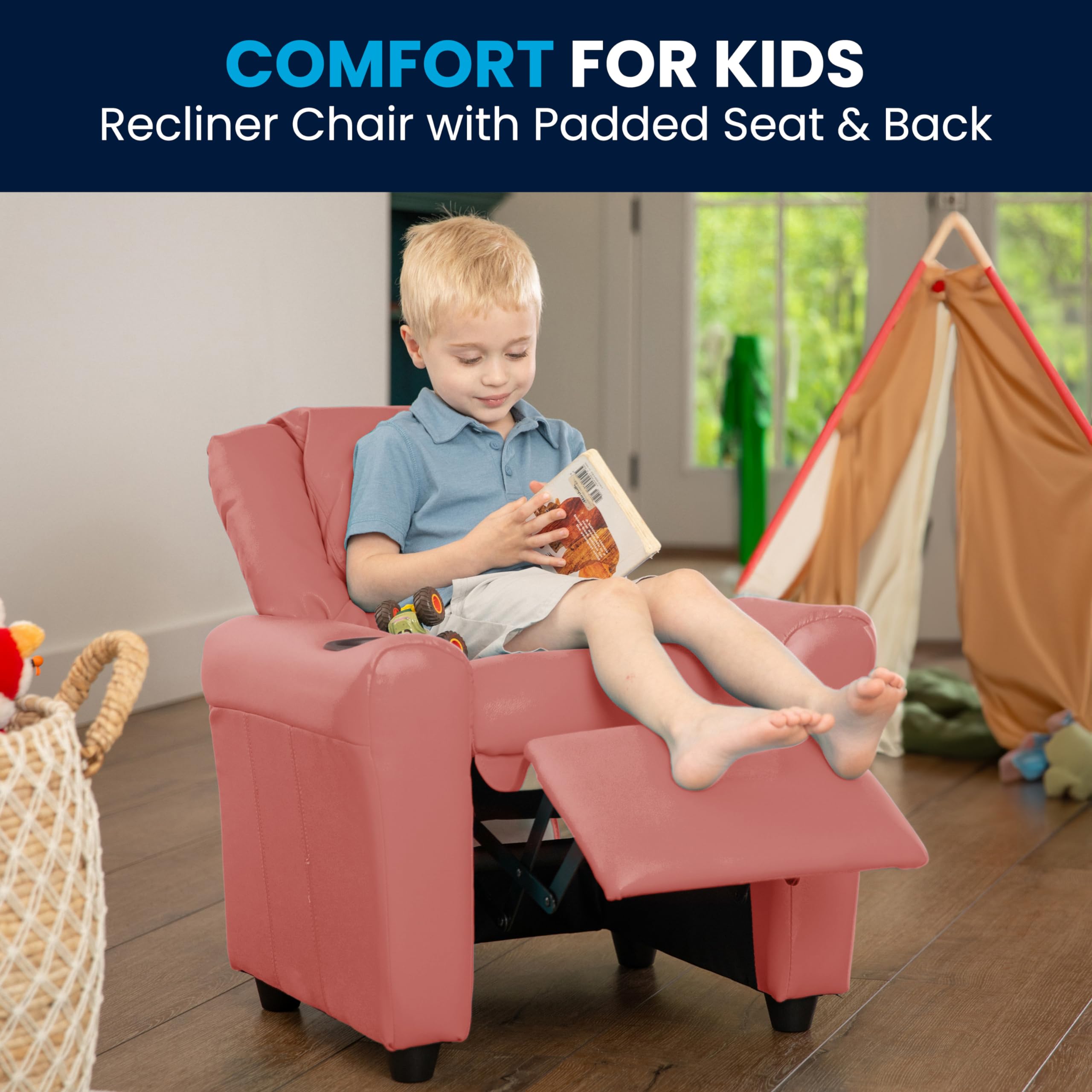 Flash Furniture Vana Vinyl Kids Recliner with Cup Holder, Headrest, and Safety Recline, Contemporary Reclining Chair for Kids, Supports up to 90 lbs., Beige