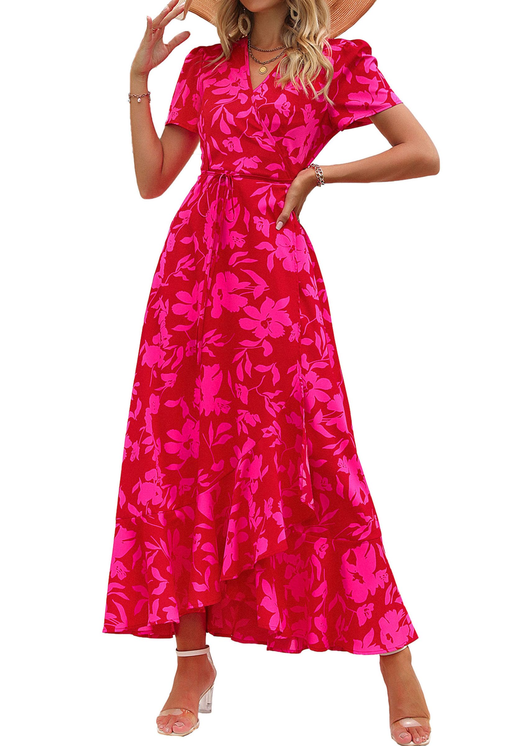 PRETTYGARDEN Women's Boho Floral Maxi Dress Summer Short Sleeve Wrap V Neck Long Flowy Beach Vacation Wedding Guest Dresses