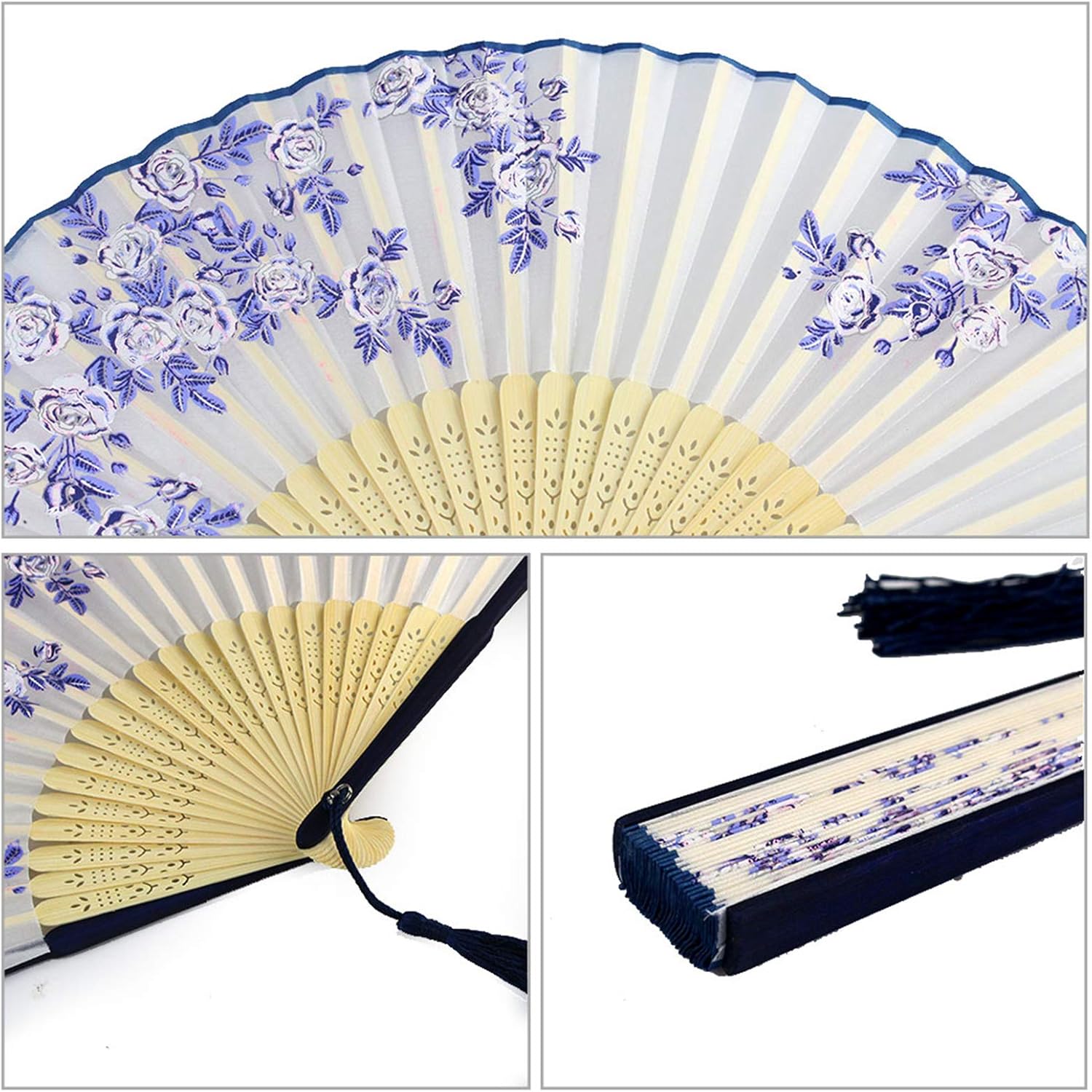 Bantoye 2 Pieces Handheld Fans, Silk Folding Fans with Bamboo Frames for Dancing Cosplay Wedding Party Props Decoration, White Blue