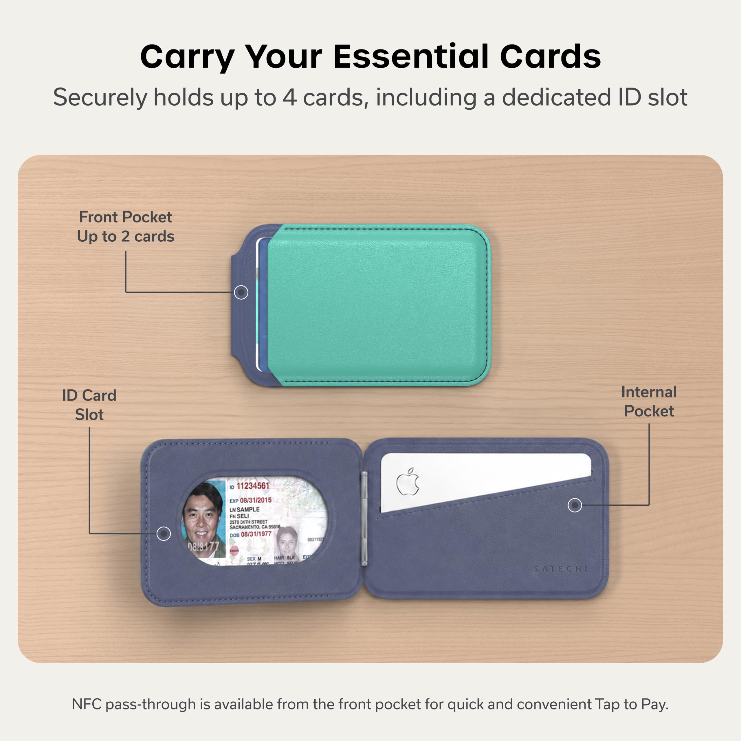 Satechi Magnetic Magsafe Wallet, Double Flap Stand Card Holder, 4 Slots with Front NFC Pass-Through, Adjustable Phone Attachment for iPhone 17/16/15/14/13/12, Travel Accessory