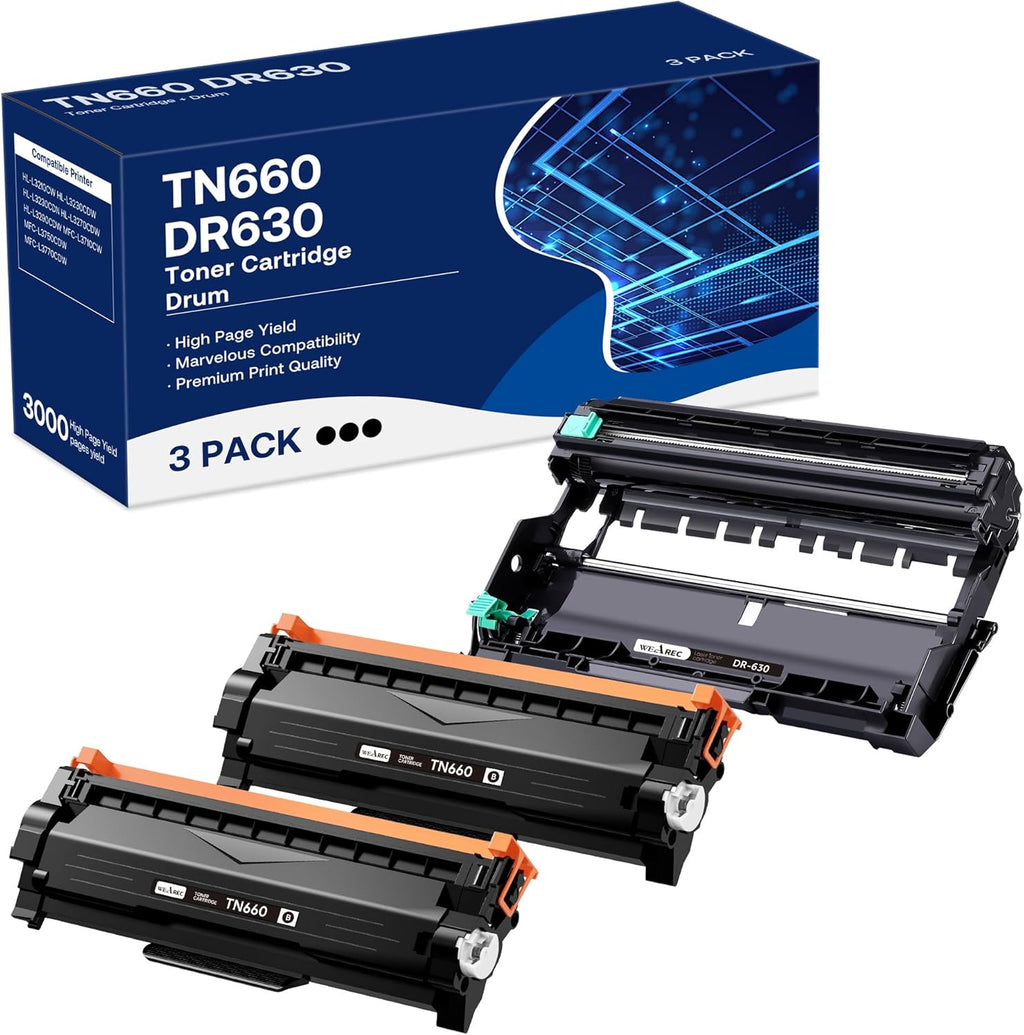 WEAREC Compatible Toner Cartridge & Drum Unit Replacement for Brother TN660 TN-660 TN630 DR630 Work with HL-L2300D HL-L2360DW DCP-L2520DW MFC-L2700DW MFC-L2740DW Printer (Black, 3 Pack)