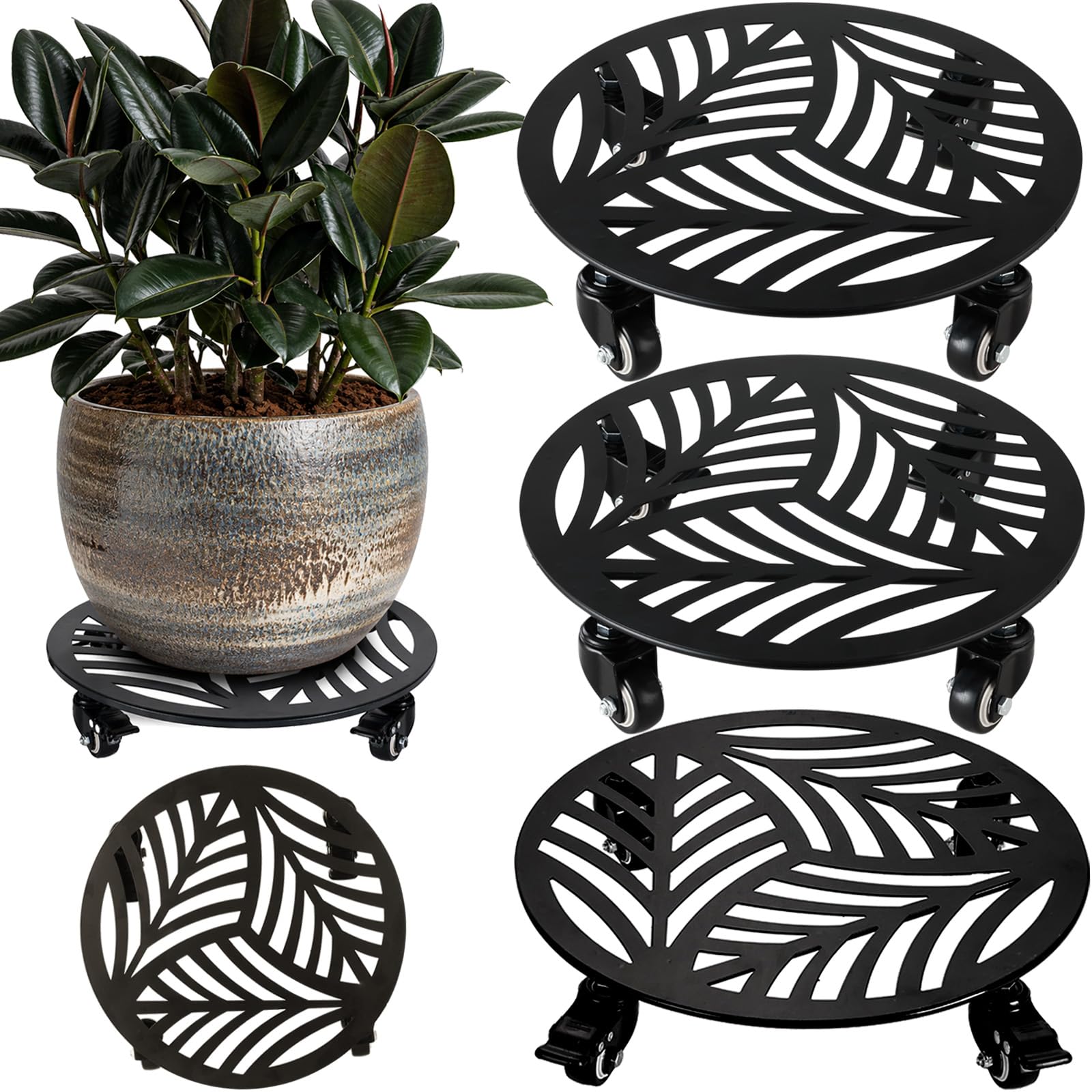 1 Pack 12 inches Large Metal Plant Caddy with 3 PU Metal Wheels Rolling Plant Stand with Casters Indoor Outdoor Wheeled Planter Roller Base Pot Movers Plant Dolly Coaster Trolley Black