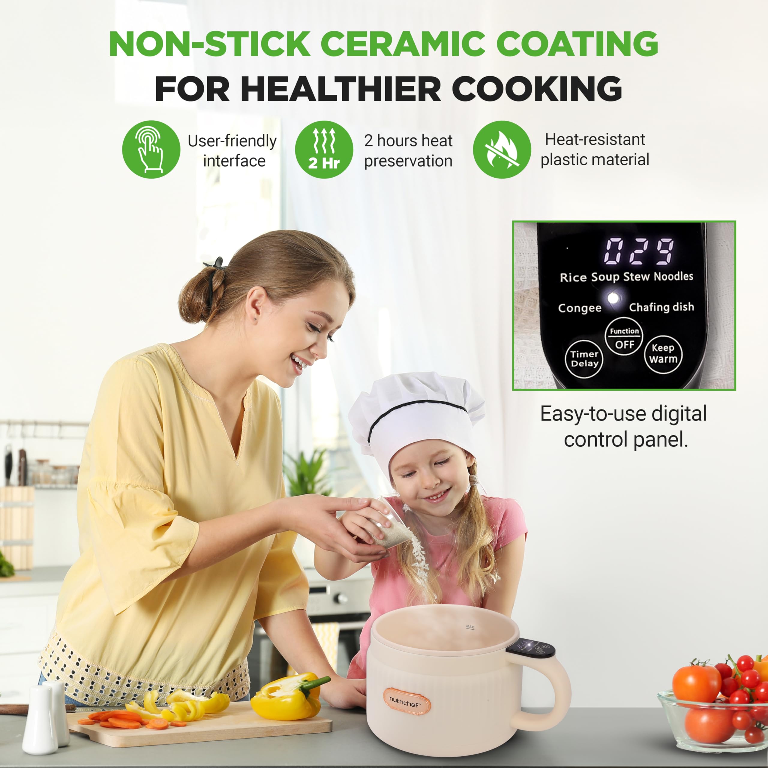 NutriChef 1.6 QT Portable Electric Rice Cooker & Lunch Maker | Multi-Functional & Non-Stick Ceramic Coating | Digital Control Panel | 6 Cook Functions: Rice, Soup, Stew, Porridge & More | Black