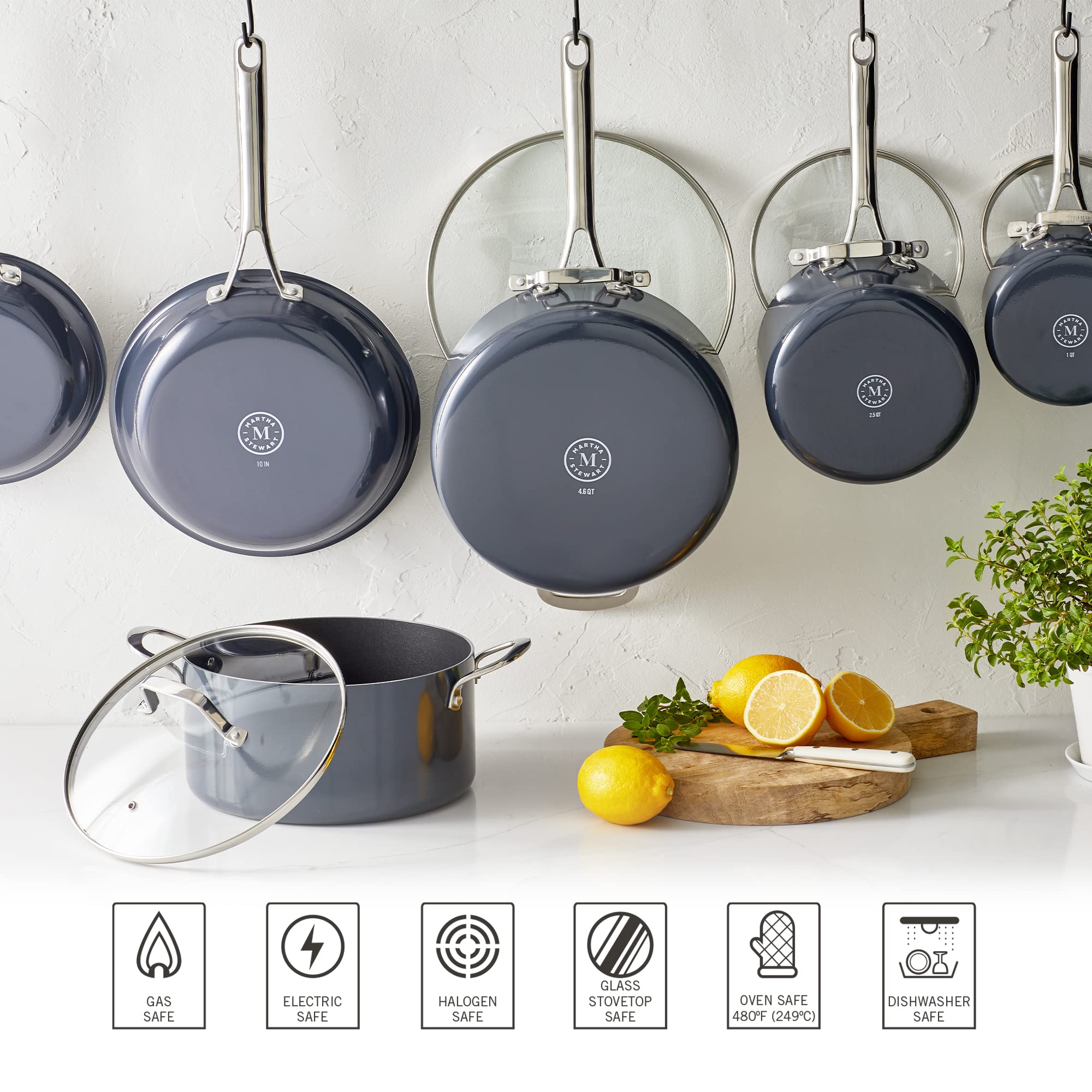 Martha Stewart Lockton Premium Nonstick PFA Free Ceramic Interior 10 Piece Enamel Heavy Gauge Aluminum Pots and Pans Cookware Set - Butter Cream