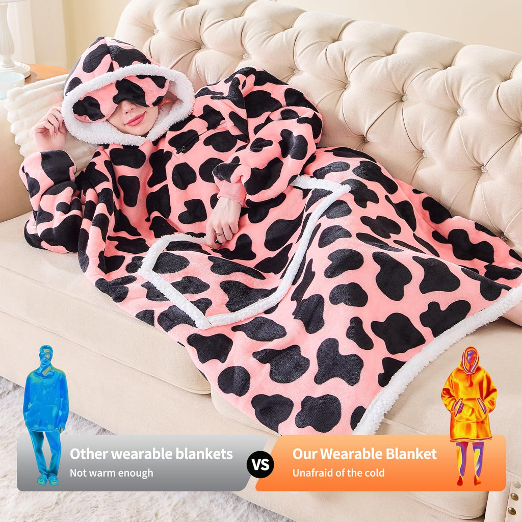 IFNOW Wearable Blanket Hoodie, Oversized Sherpa Fleece Hooded Sweatshirt with Eye Mask, Cozy and Giant Blanket Hoodie with Sleeves Extra Long for Adults Men Women, Black