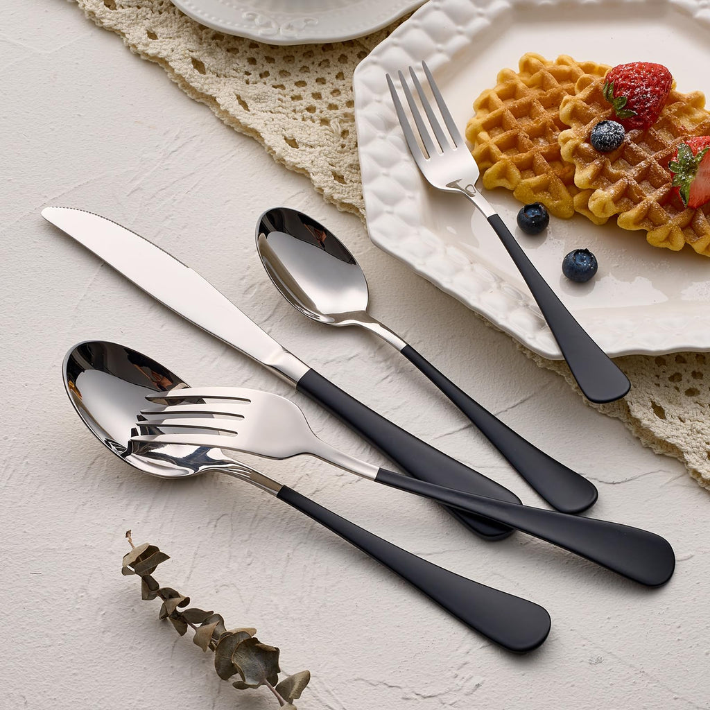 20-Pieces Blac and Pink Silverware Sets for 4,Pink Handle Stainless Steel Cutlery Set, Include Forks Spoons and Knives Set, Dishwasher Safe Utensil Sets for Home Restaurant