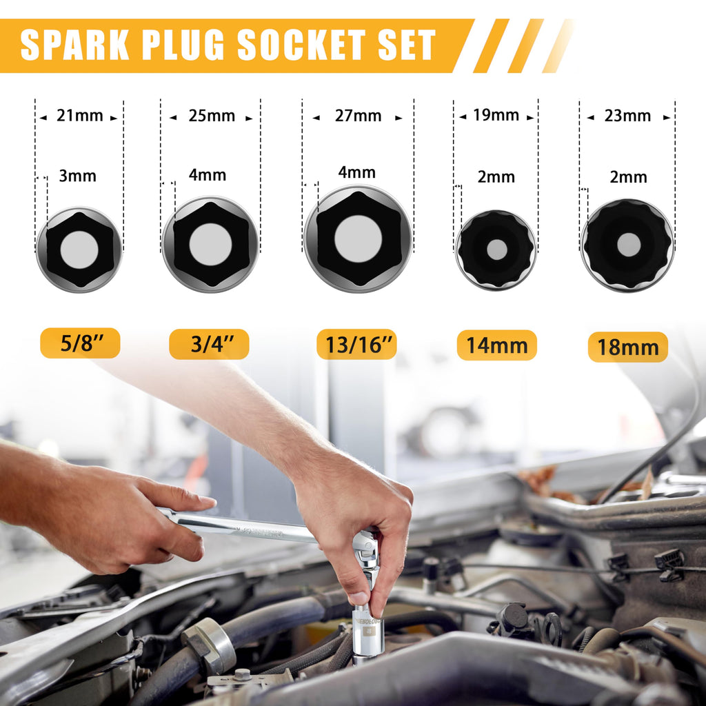 AEROFORCE 3/8-Inch Drive Spark Plug Socket Set 8PCS - Includes 6 Point Sockets 5/8-inch, 3/4-inch and 13/16-inch, 12 Point Sockets 14mm&18mm, 2 Extension Bars,Universal Joint