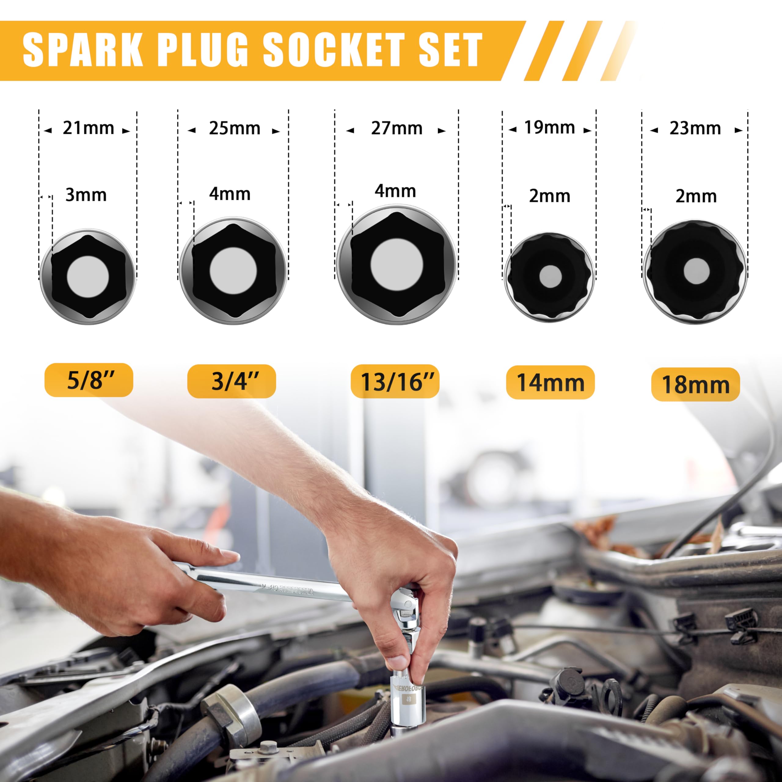 AEROFORCE 3/8-Inch Drive Spark Plug Socket Set 8PCS - Includes 6 Point Sockets 5/8-inch, 3/4-inch and 13/16-inch, 12 Point Sockets 14mm&18mm, 2 Extension Bars,Universal Joint