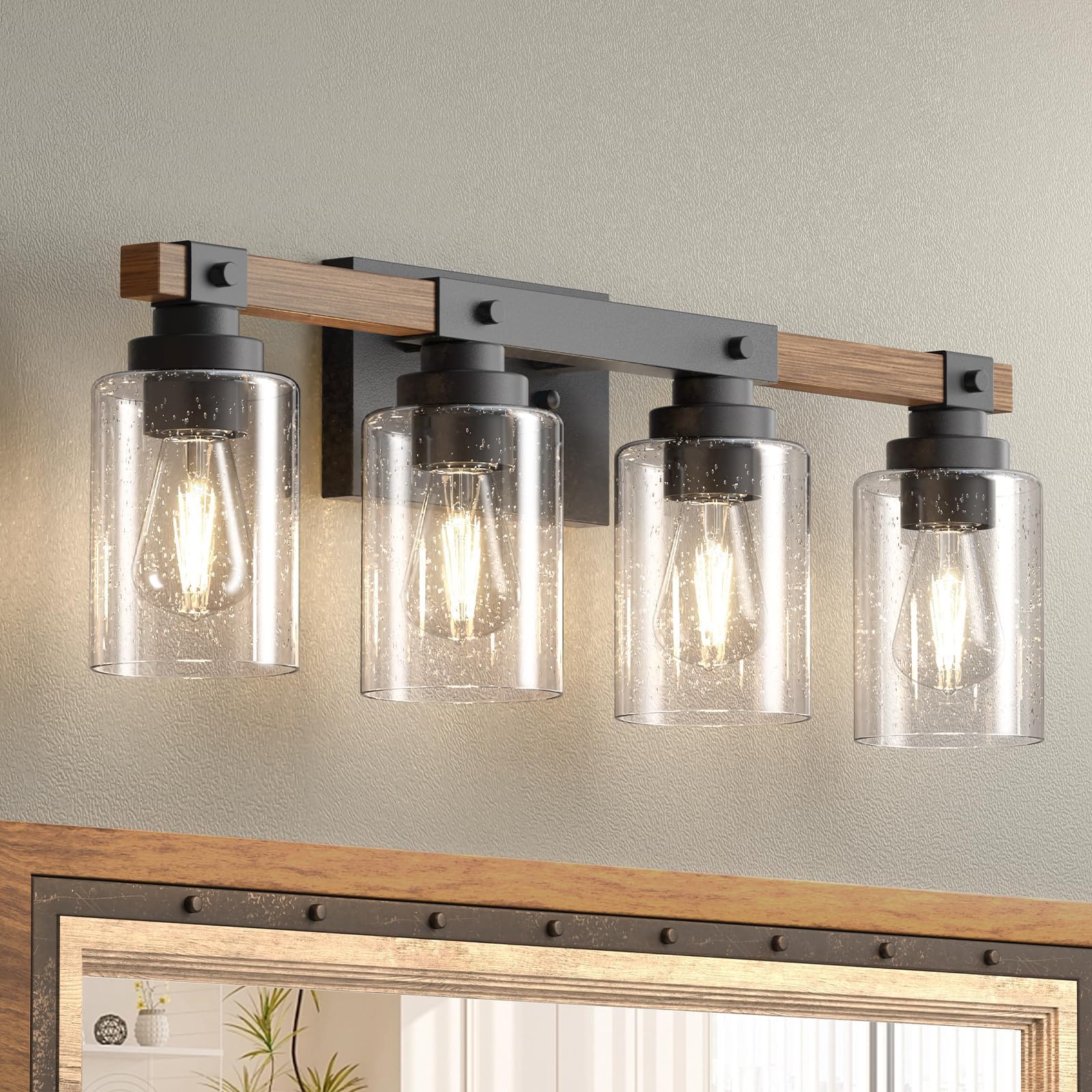 Amico 3-Light Farmhouse Vanity Light Fixture, Rustic Wood Bathroom Light Fixtures, Industrial Vintage Black Wall Sconces Lights with Bubble Glass Shade for Mirror, Bedroom, Living Room, Hallway