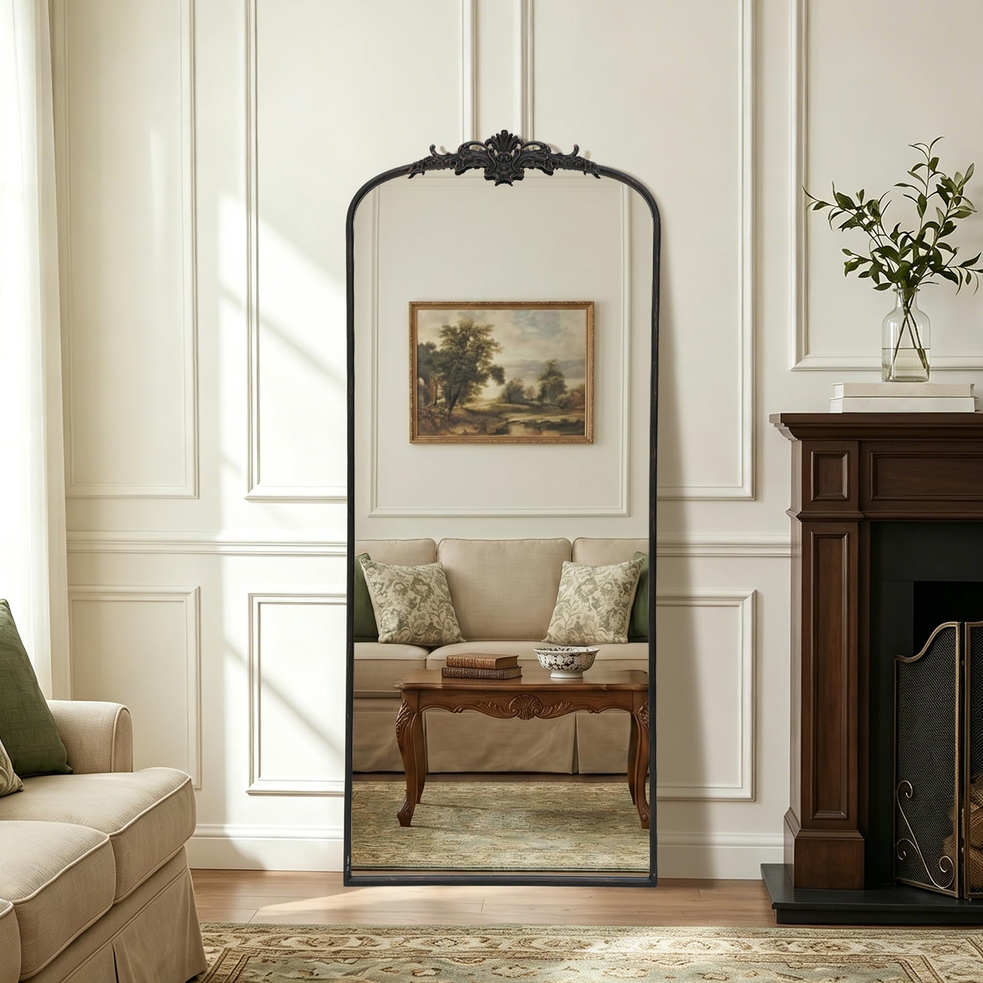 Besdomus Vintage Arched Black Mirror: 32"x24" French Large Black Vintage Wall Mirror - Baroque Traditional Ornate for Living Room/Fireplace/Bathroom- Ideal Gifts for Housewarming/Birthday