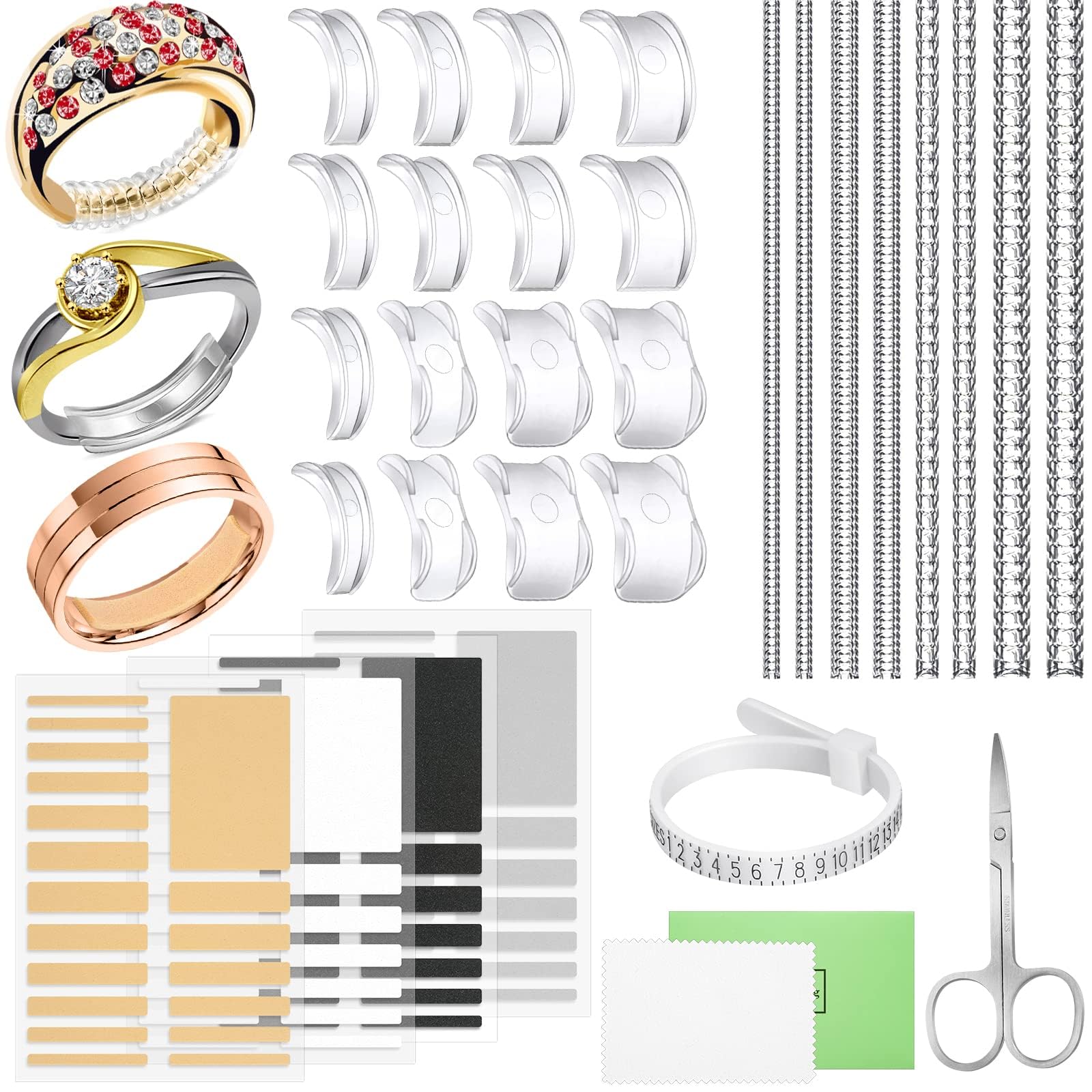 38 Pcs Ring Sizer Adjuster for Loose Rings with Ring Size Measuring Tool, Plug-in Invisible Ring Guards Silicone Tightener EVA Foam Ring Size Adjuster Set with Polishing Cloth