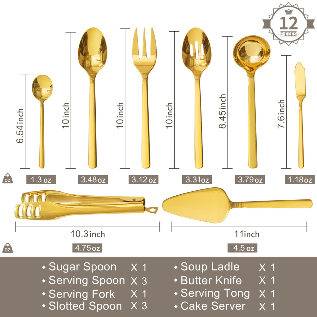 KINGSTONE Large Hostess Gold Serving Utensils Set,18/10 Stainless Steel Heavy Duty 10inch Serving Spoons,Slotted Spoons,Serving Fork,Serving Tongs, Cake Pie Server For Buffet, Wedding, Party